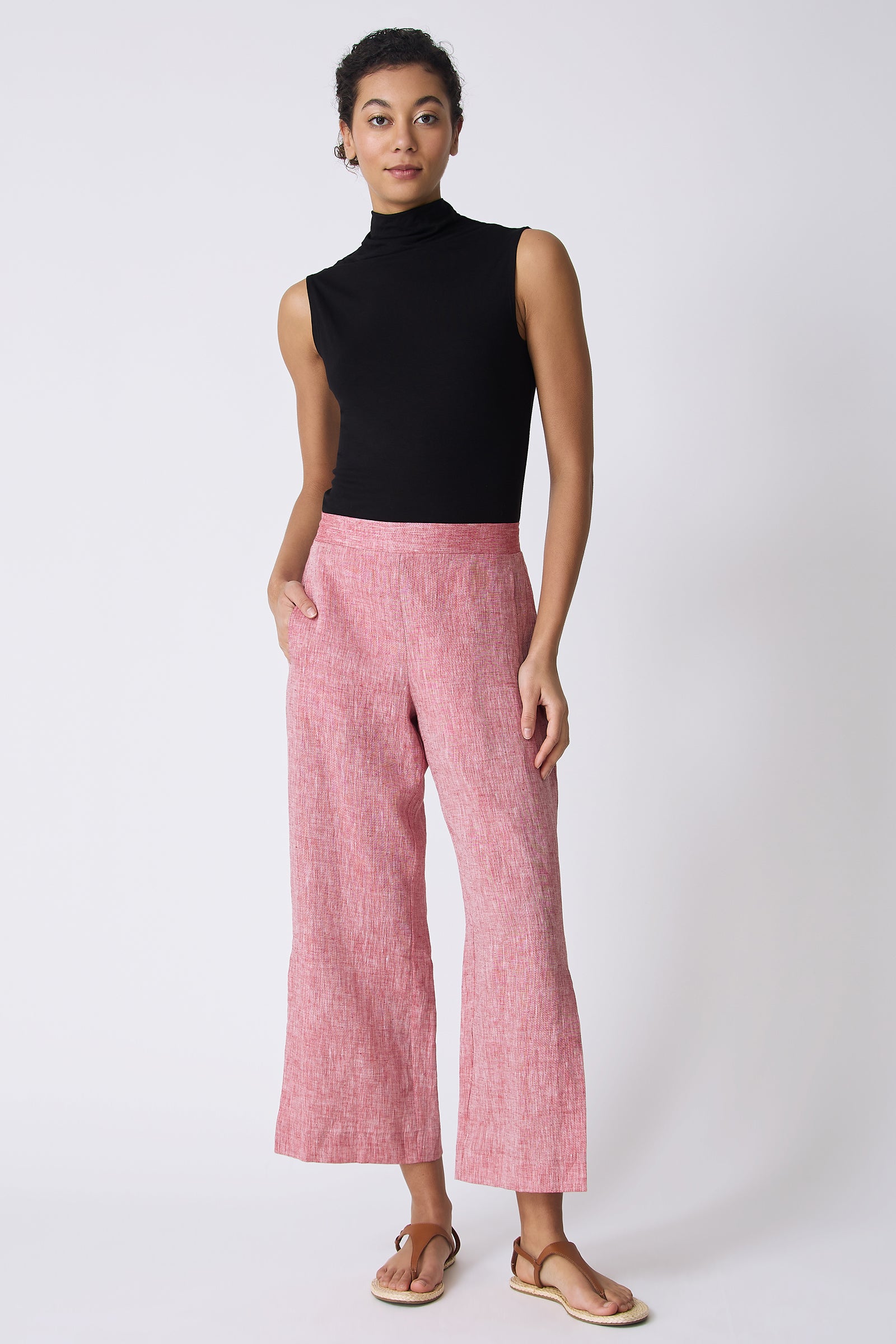 Kal Rieman Tami Side Kick Pant in Red on model with hand in pocket full front view