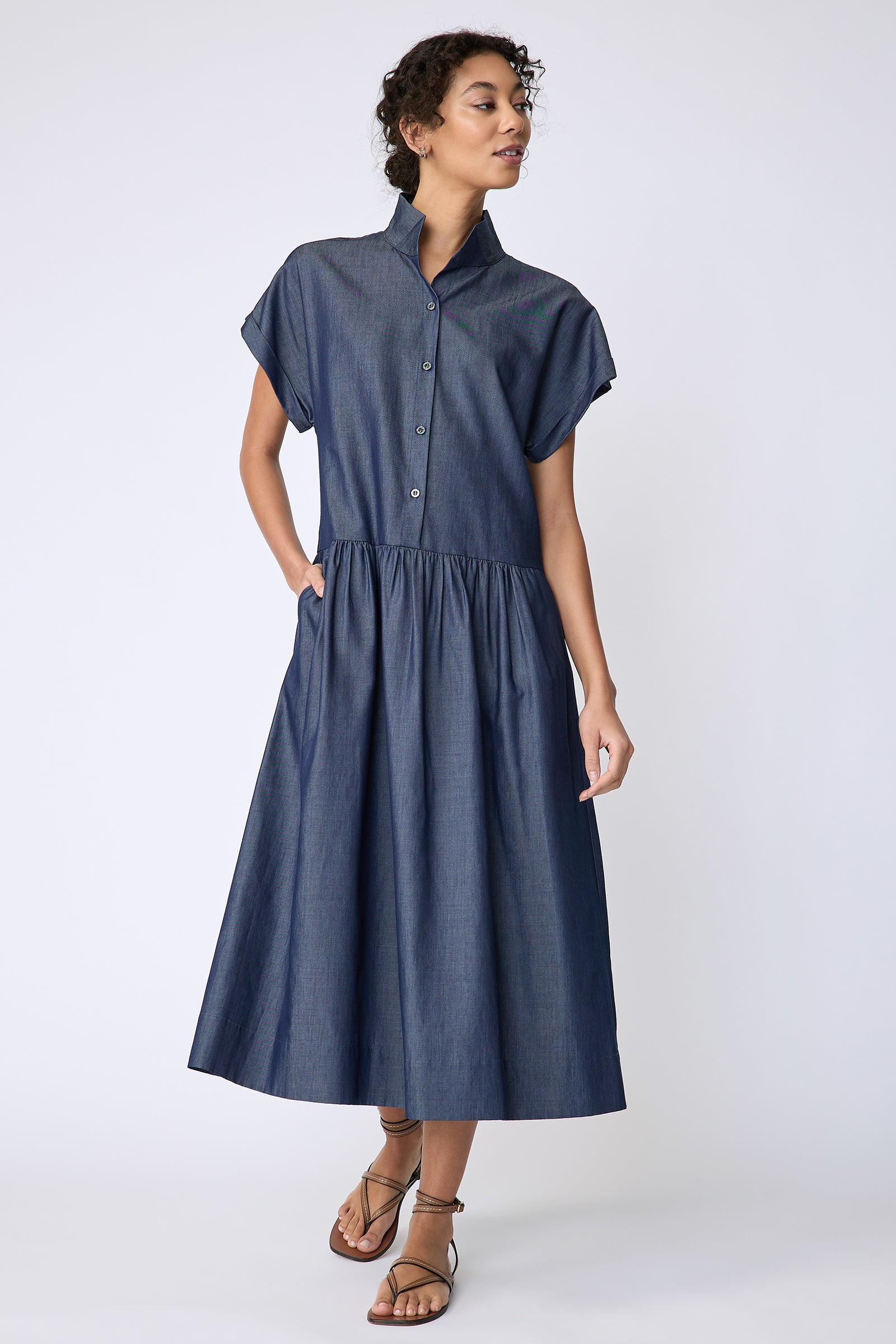 Kal Rieman Tanya Dress in Indigo light weight denim on model front view walking