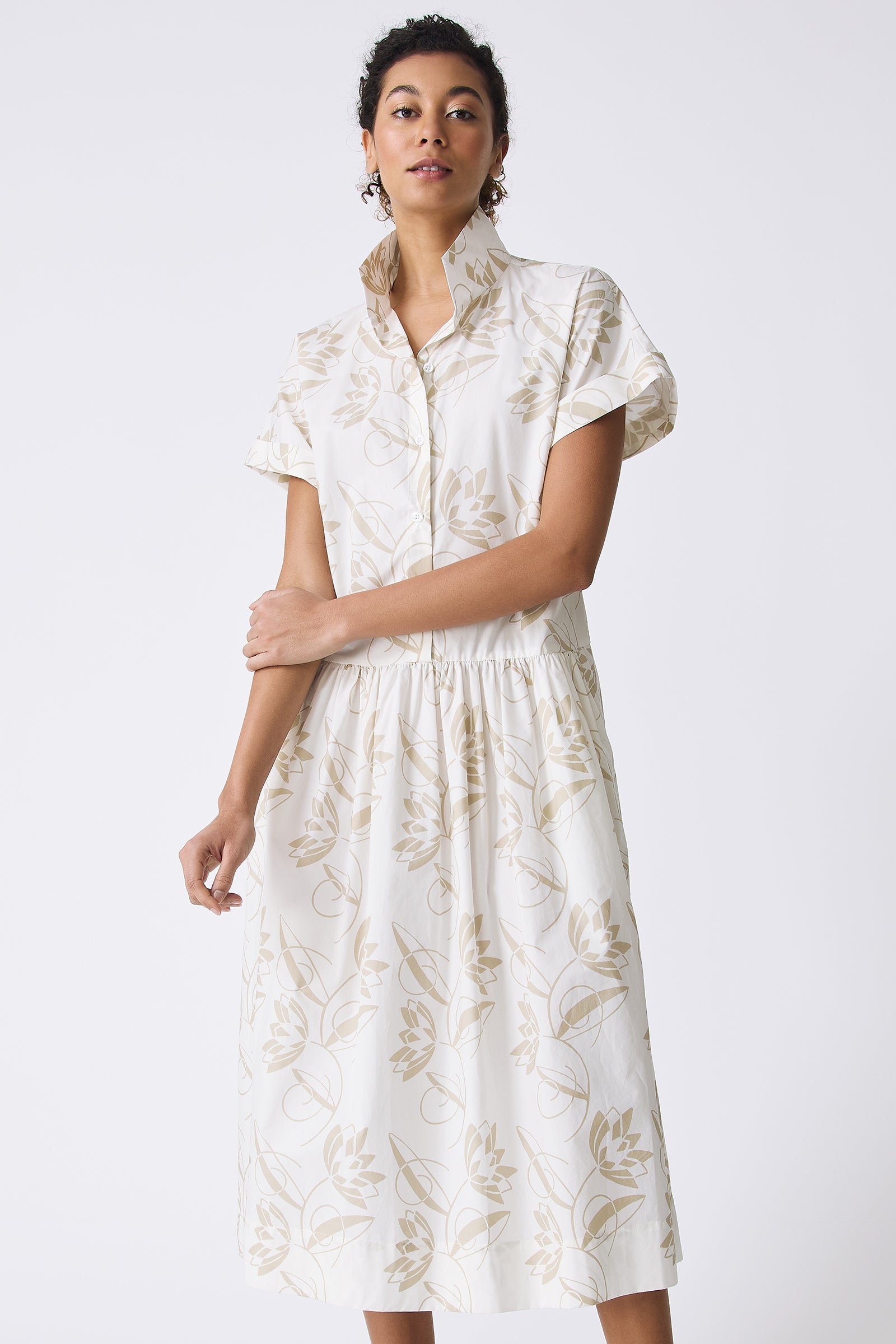 Kal Rieman Tanya Shirt Dress in Lotus Print on model holding arm front view