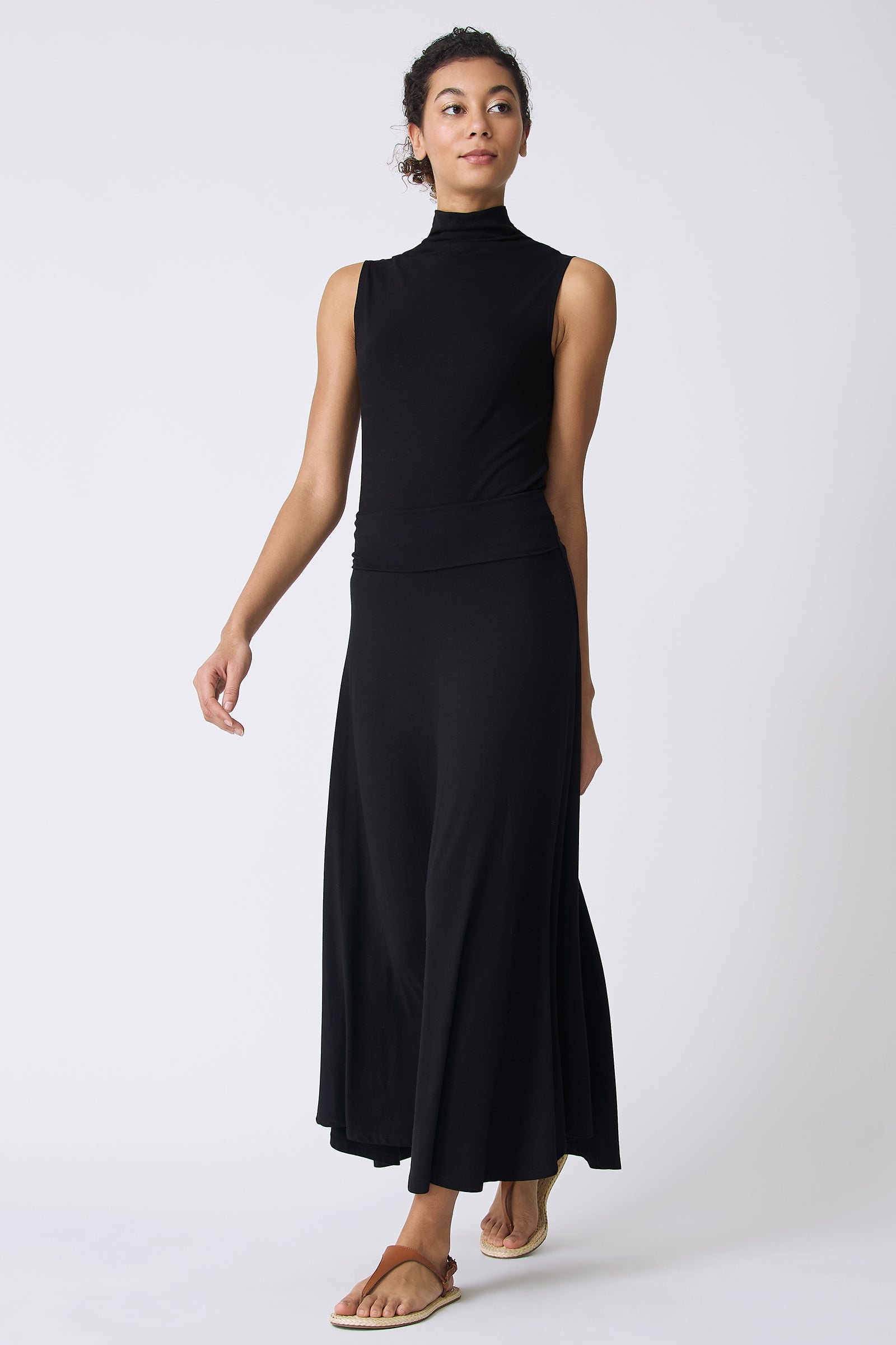Kal Rieman Thea Knit Kick Skirt in Black on model walking full front view