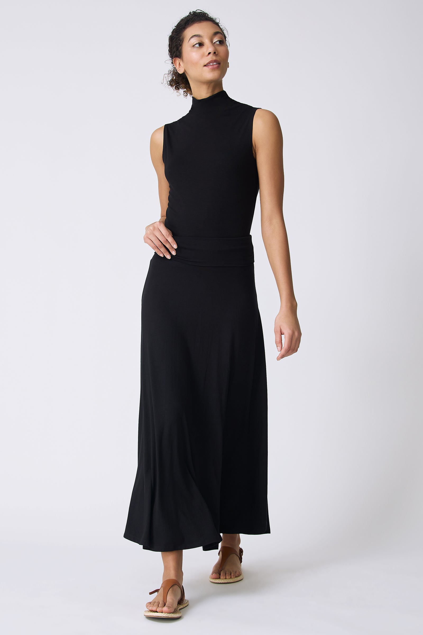 Kal Rieman Thea Knit Kick Skirt in Black on model looking left full front view