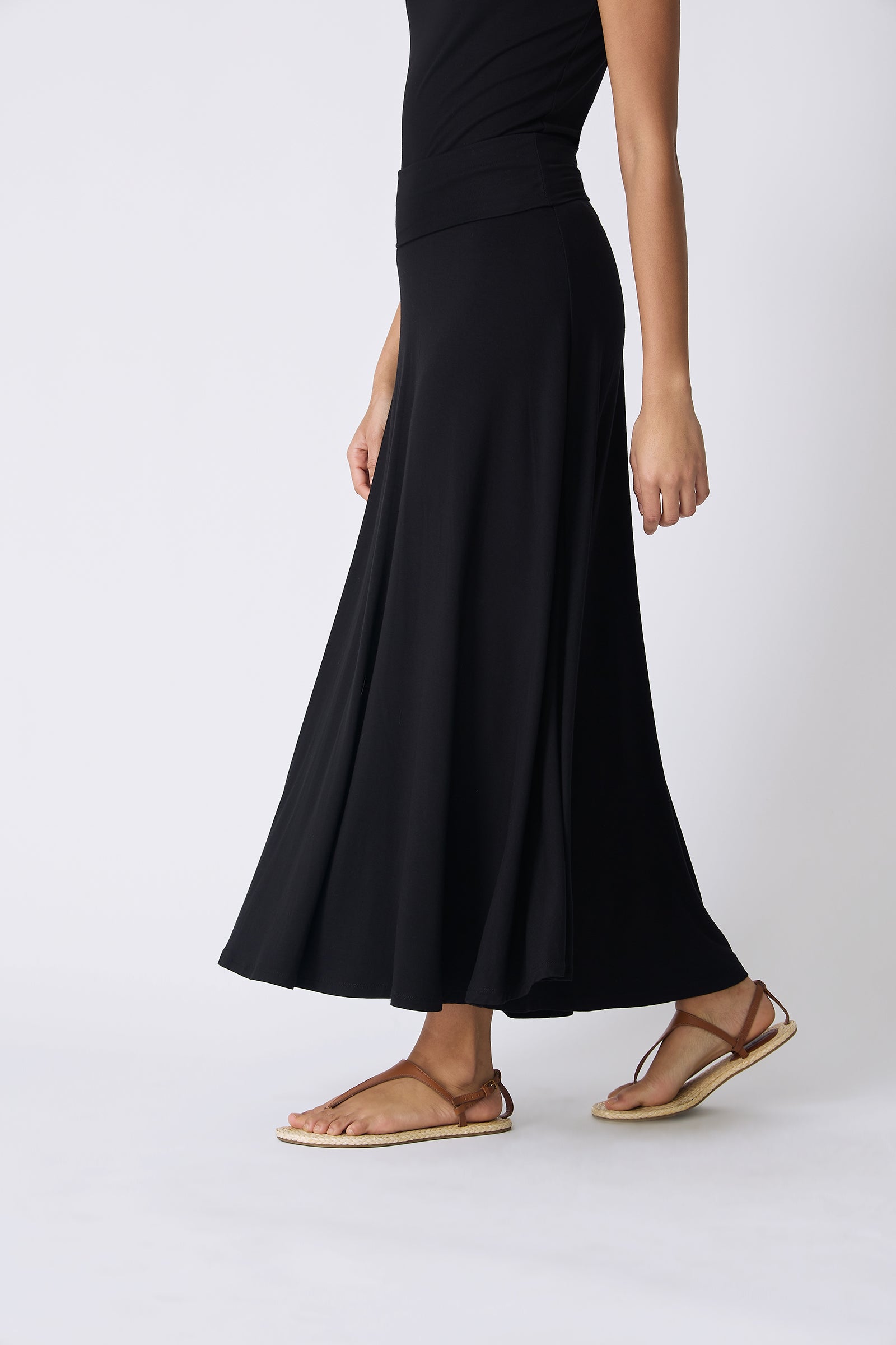Kal Rieman Thea Knit Kick Skirt in Black on model side detail view