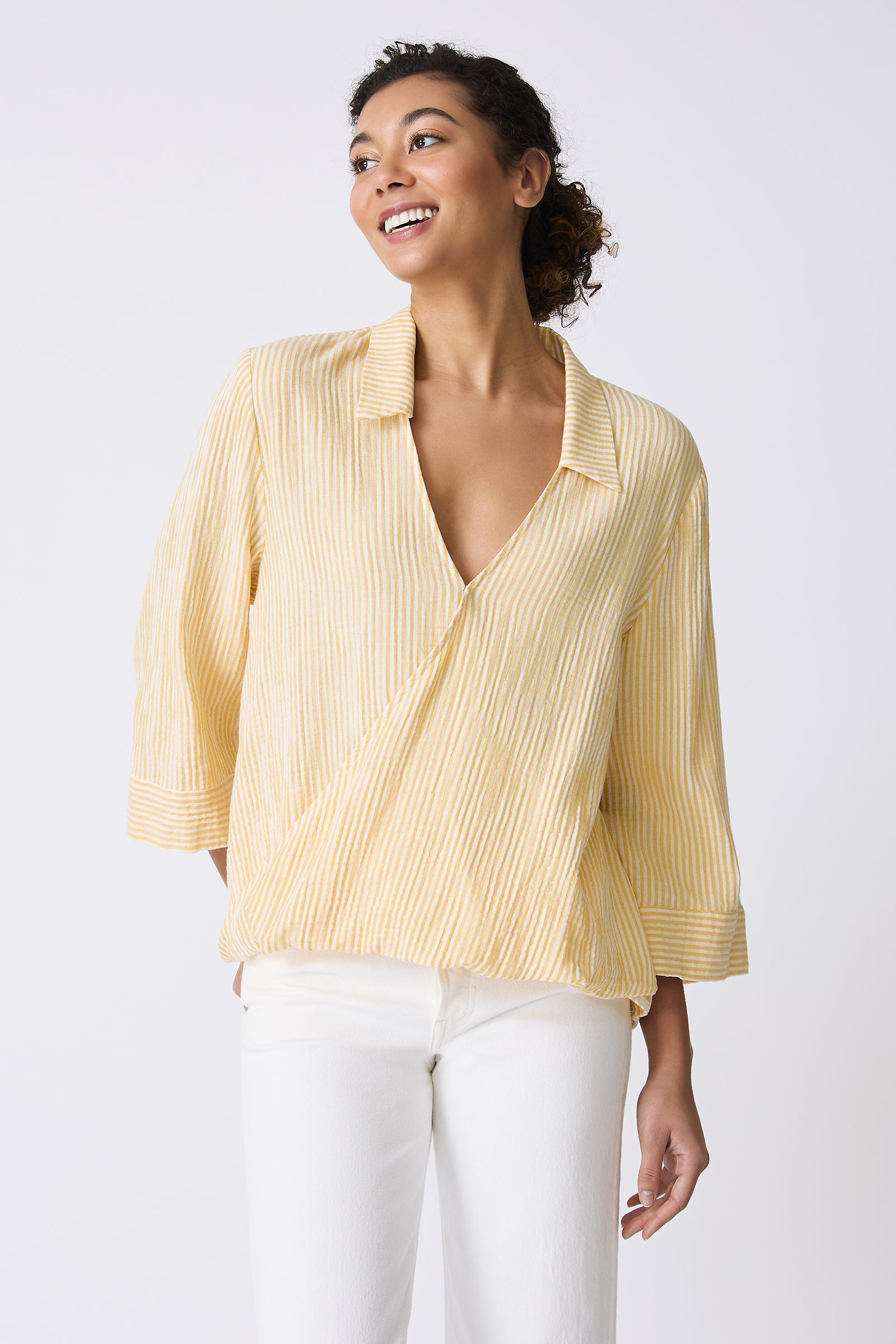 Kal Rieman Tropez Pullover in Honey Stripe on model smiling front view