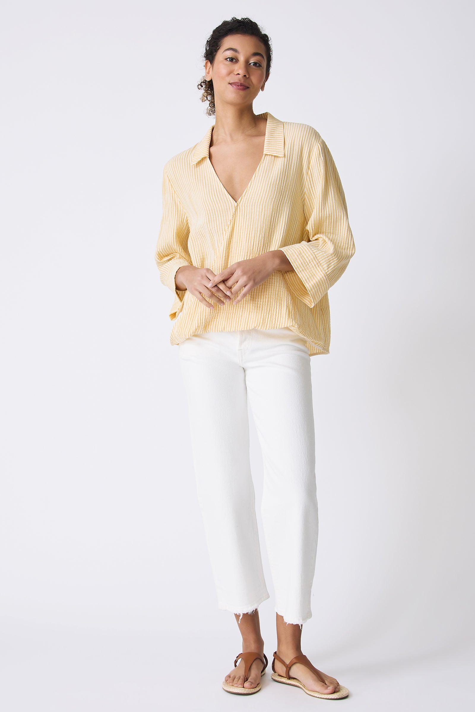 Kal Rieman Tropez Pullover in Honey Stripe on model smiling full front view