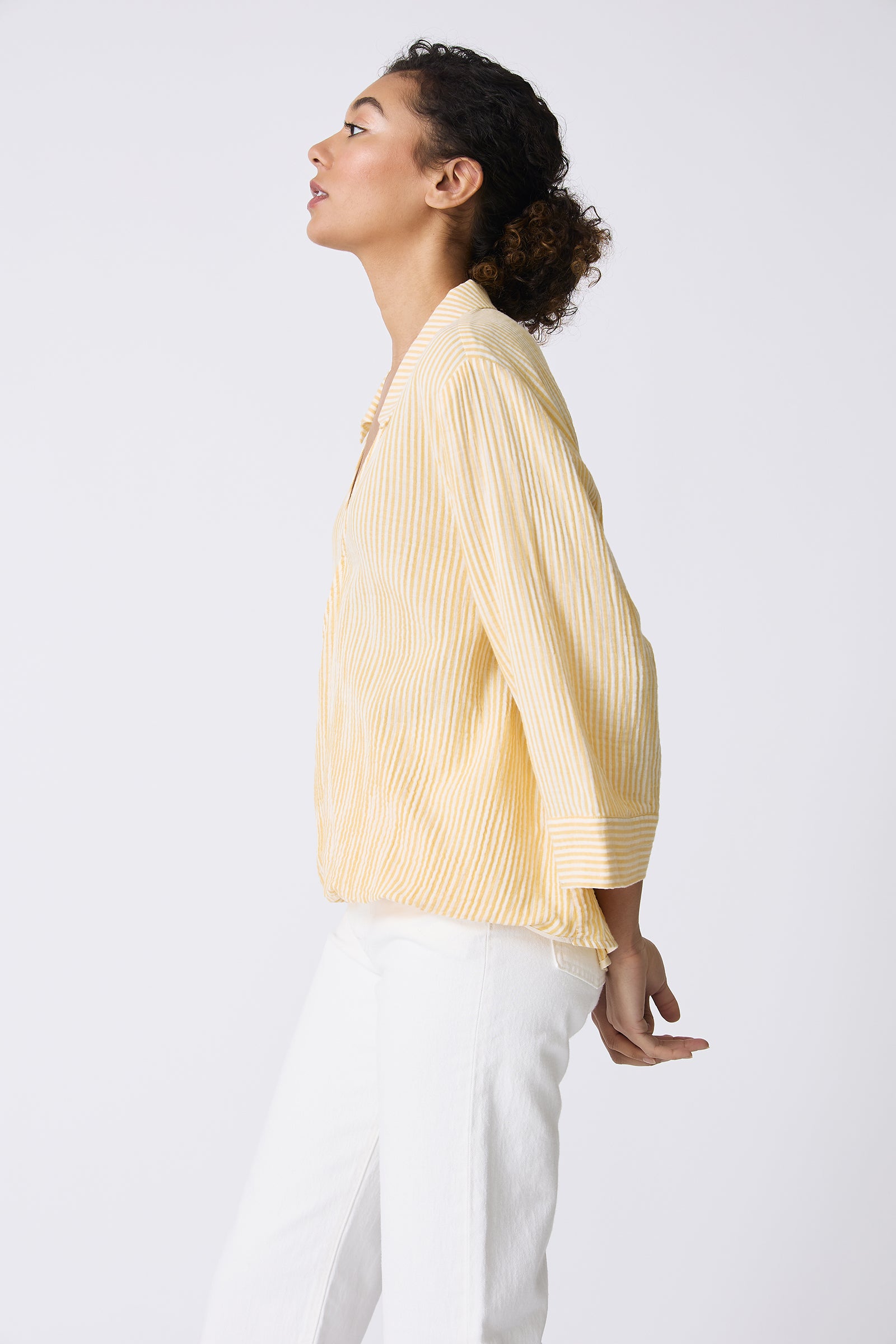 Kal Rieman Tropez Pullover in Honey Stripe on model side view