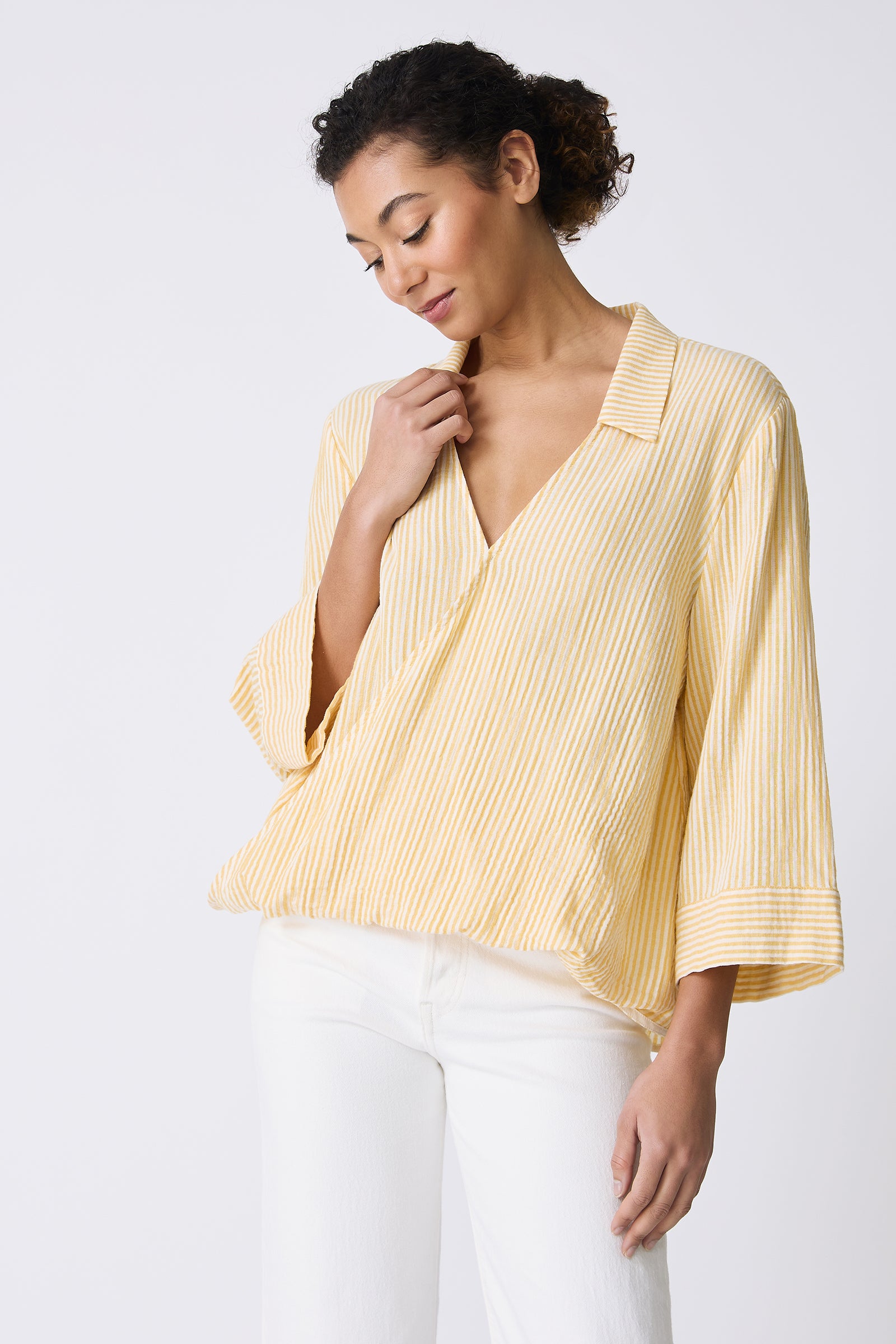 Kal Rieman Tropez Pullover in Honey Stripe on model looking down front view