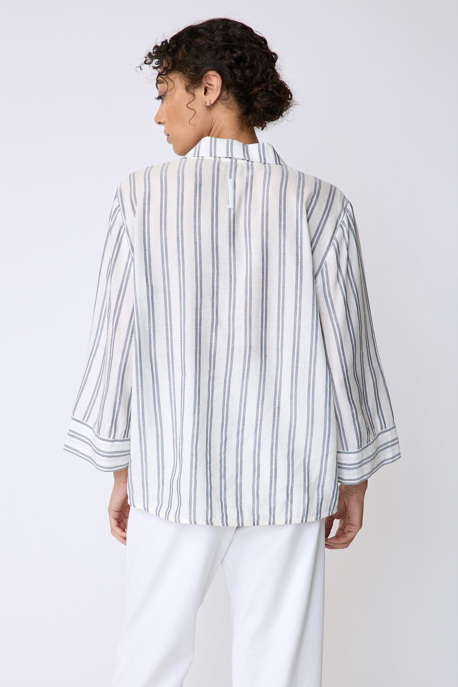 Kal Rieman Tropez Pullover in navy stripe on model back view