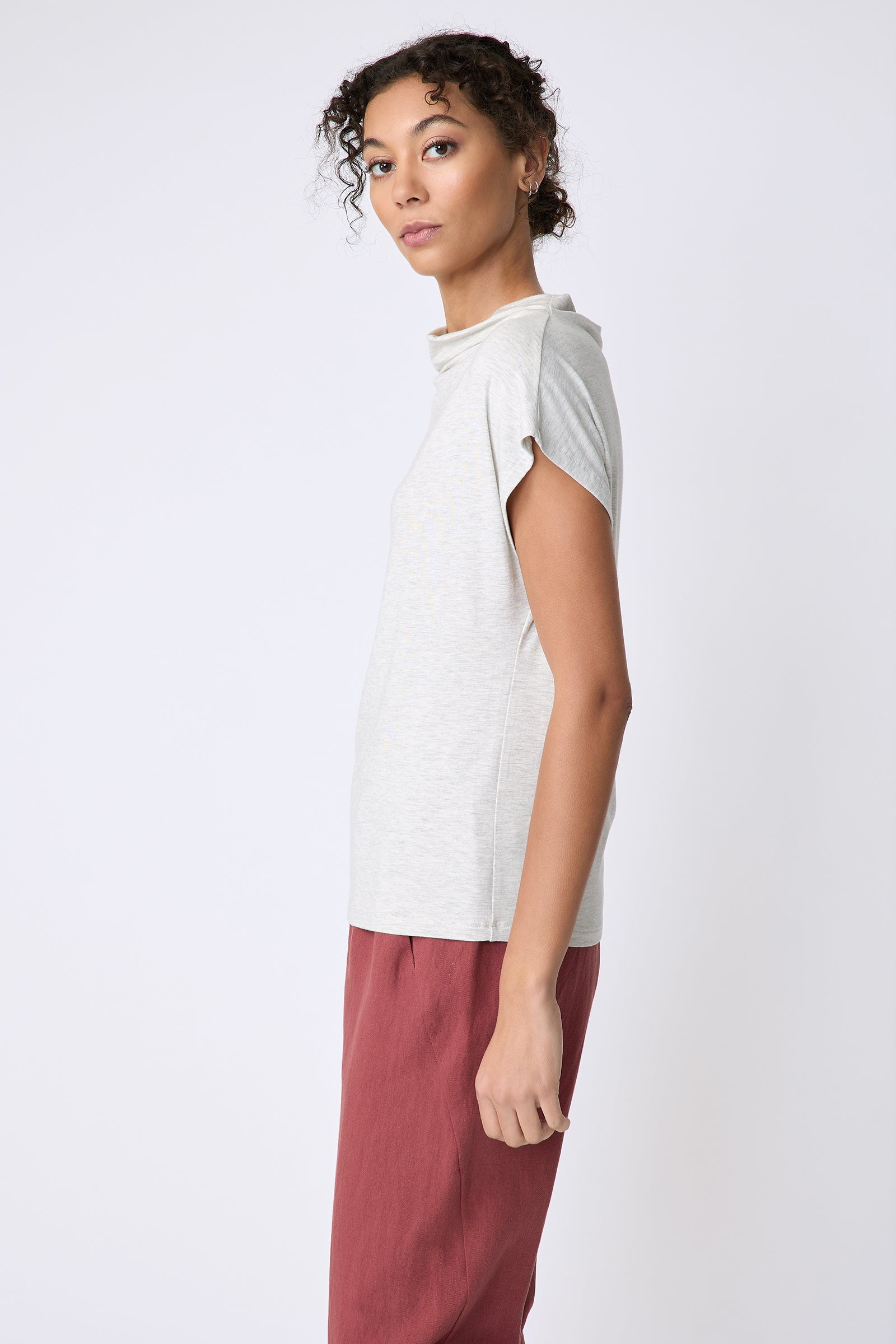 Kal Rieman Uma Funnelneck Tee in Oatmeal on model side view