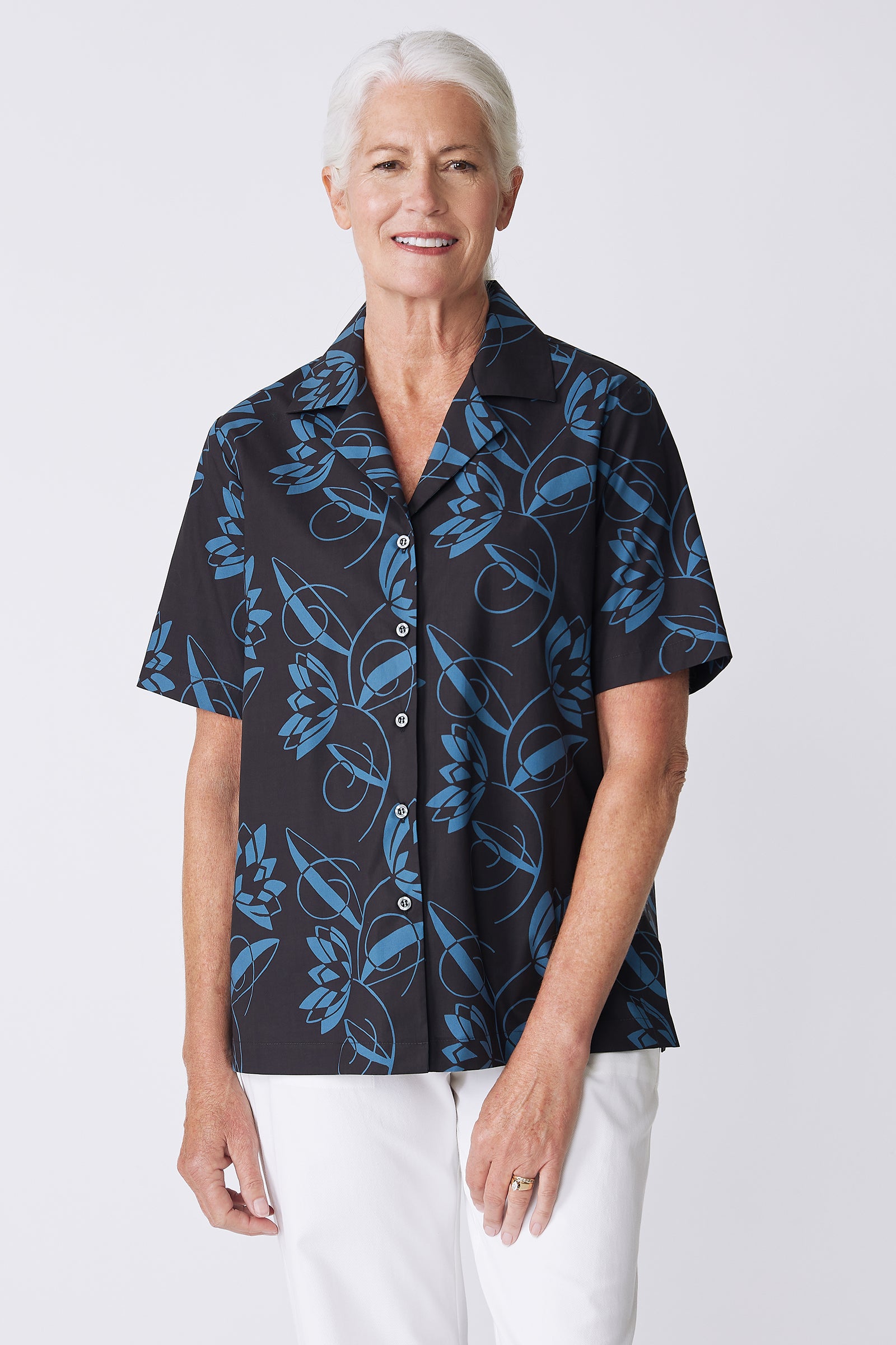 Kal Rieman Vacation Shirt in Lotus Print Blue on model front view