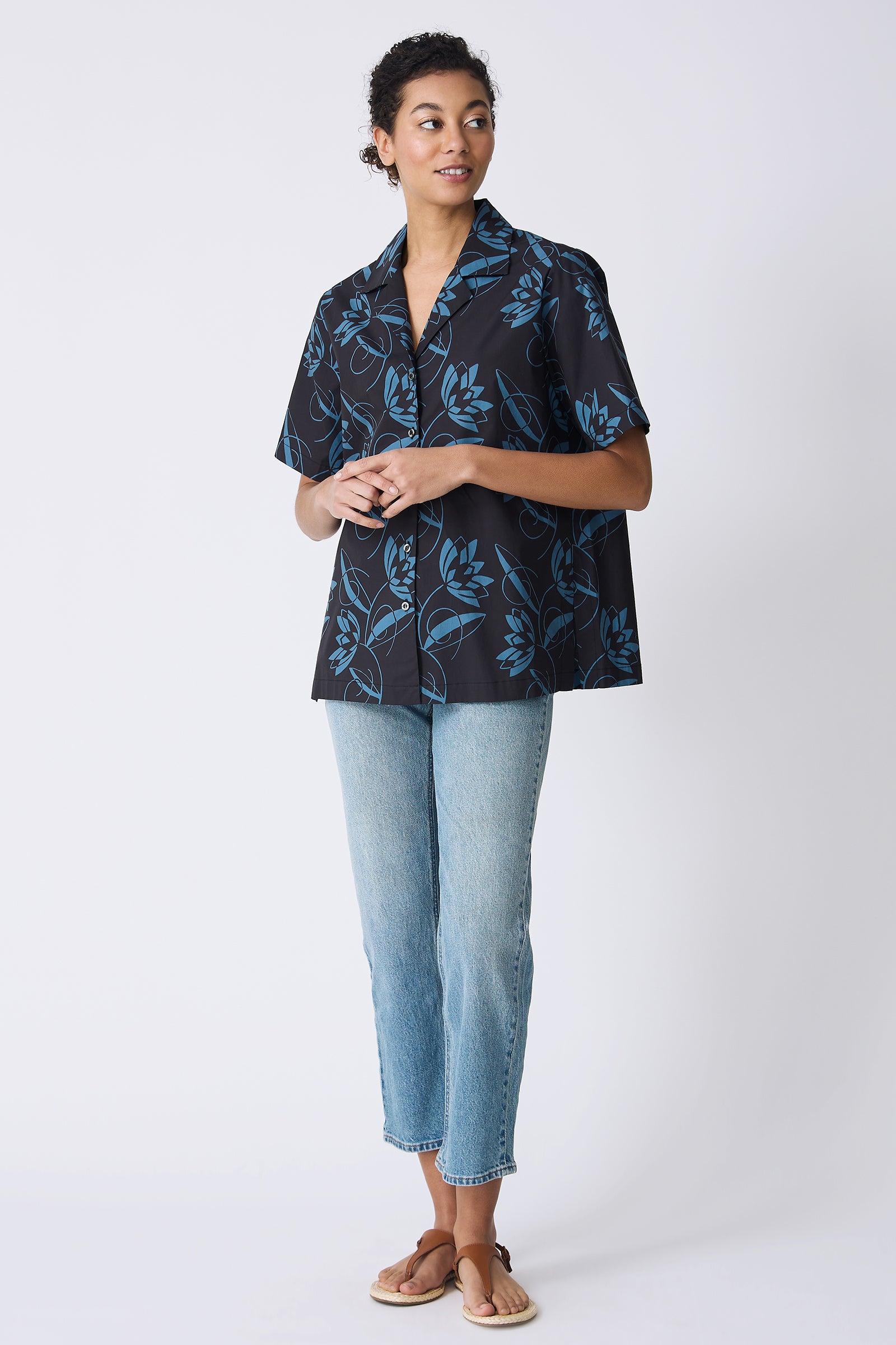 Kal Rieman Vacation Shirt in Lotus Print Blue on model full front view
