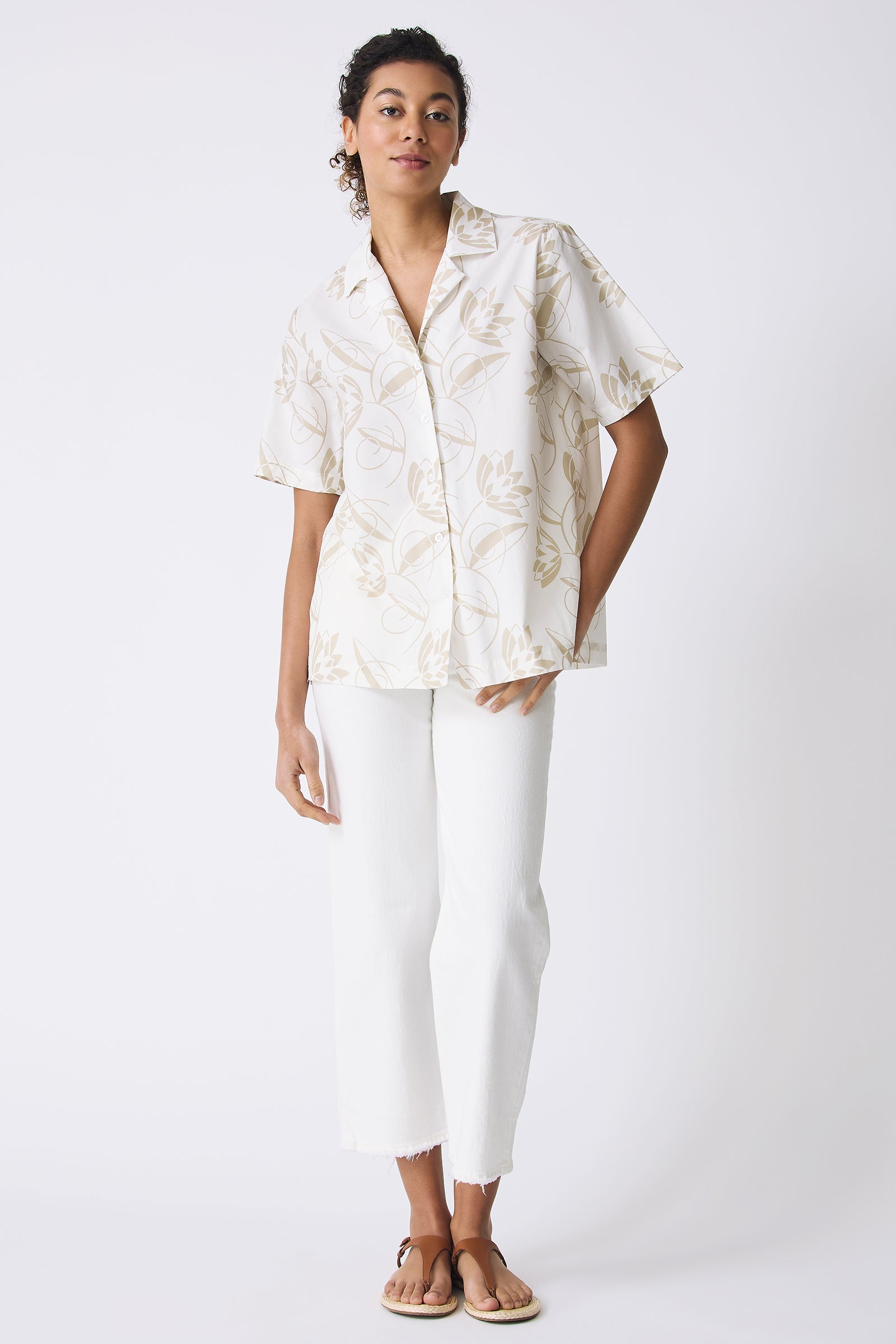 Kal Rieman Vacation Shirt in Lotus Print Sand on model full front view