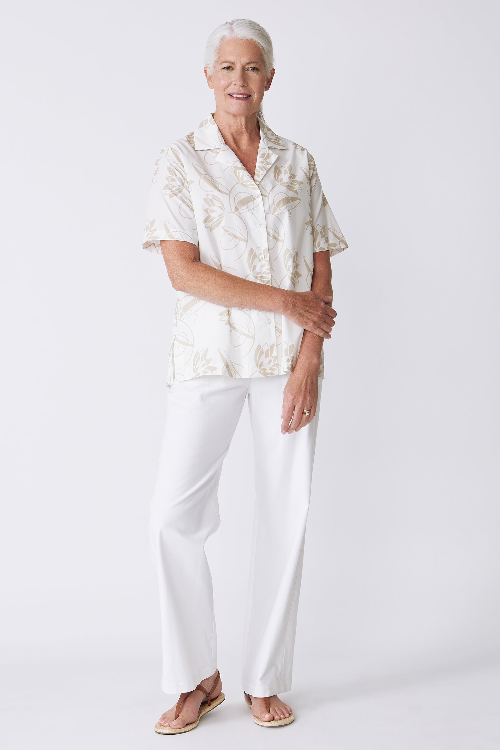 Kal Rieman Vacation Shirt in Lotus Print Sand on model full front view