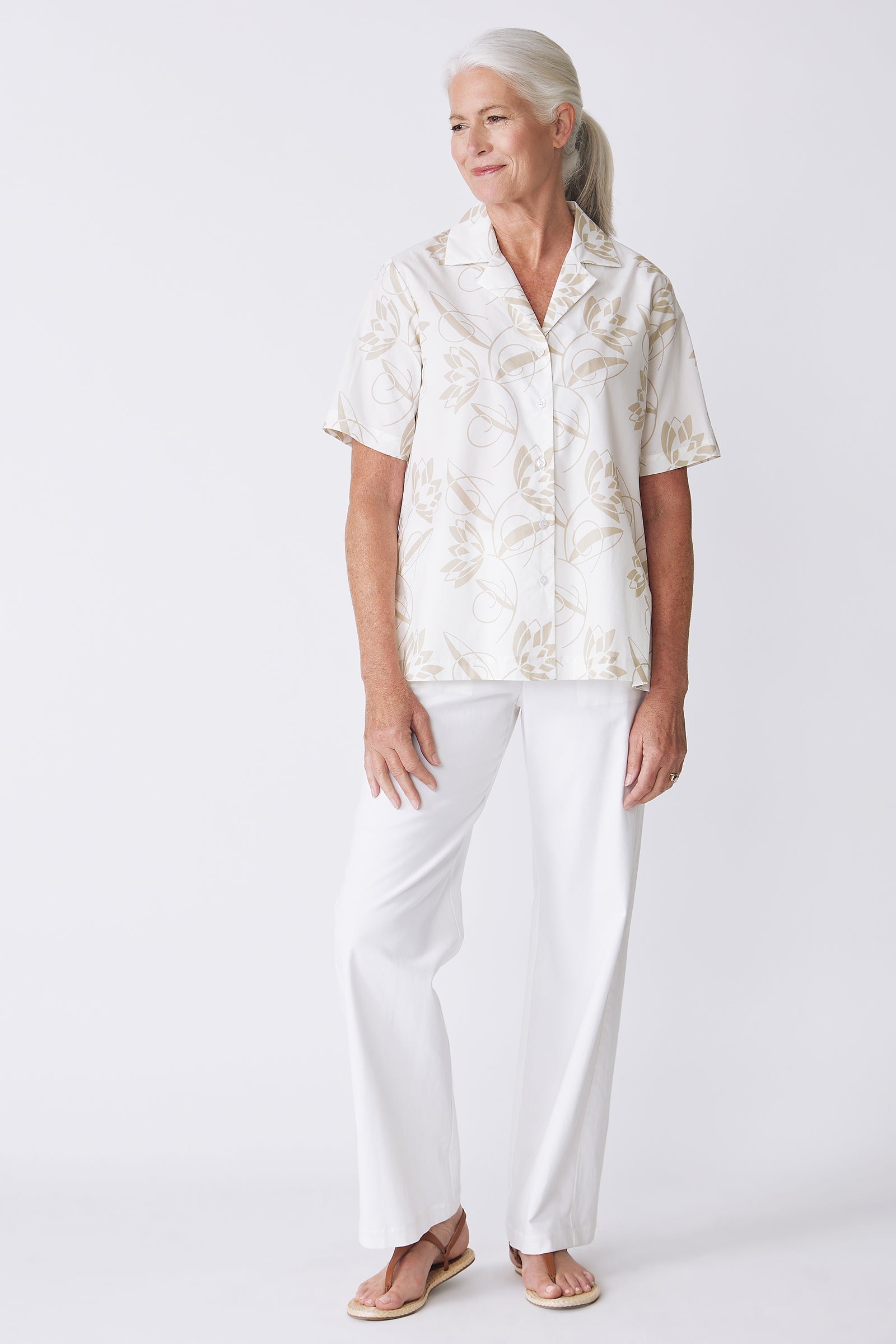 Kal Rieman Vacation Shirt in Lotus Print Sand on model full front view