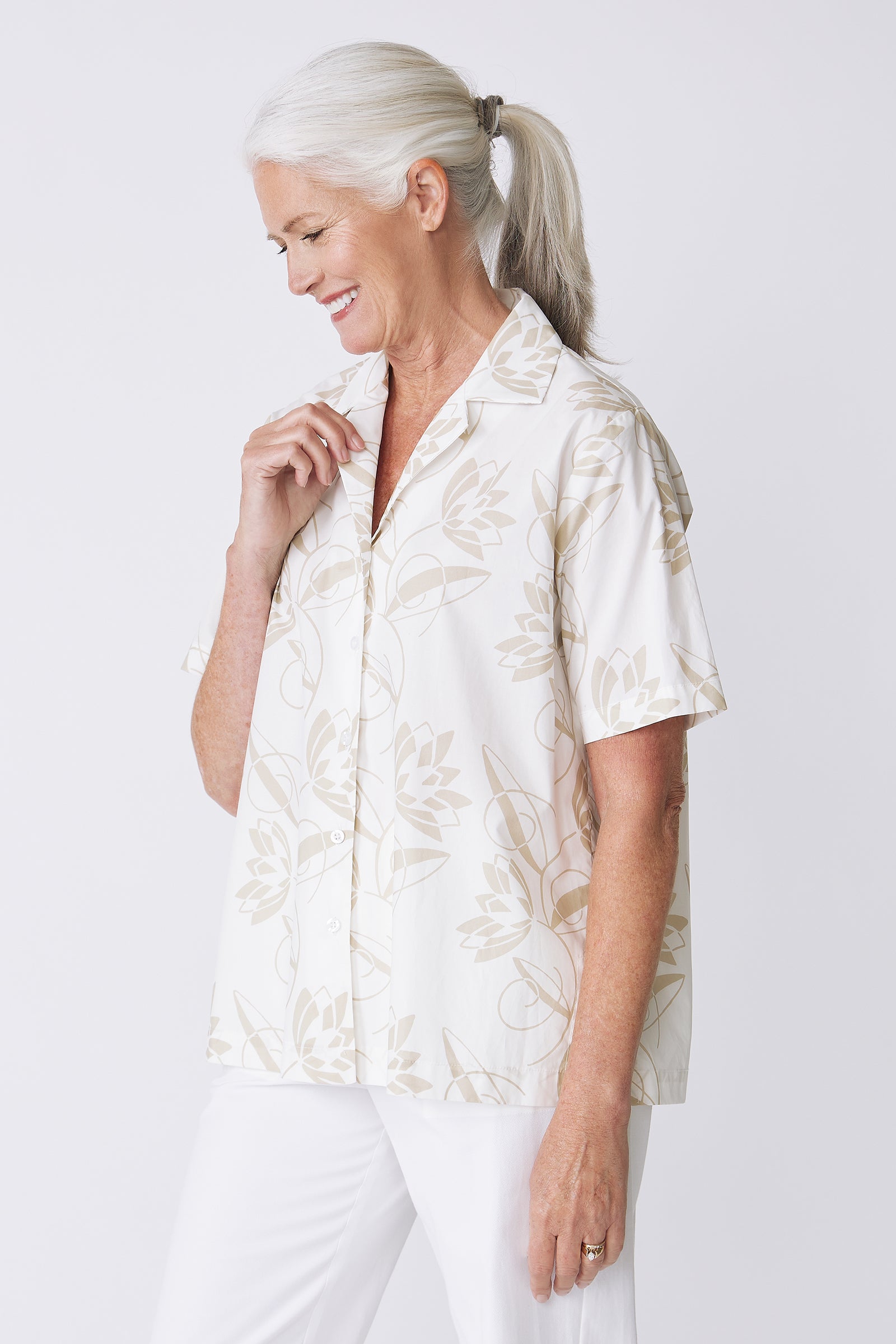 Kal Rieman Vacation Shirt in Lotus Print Sand on model side view