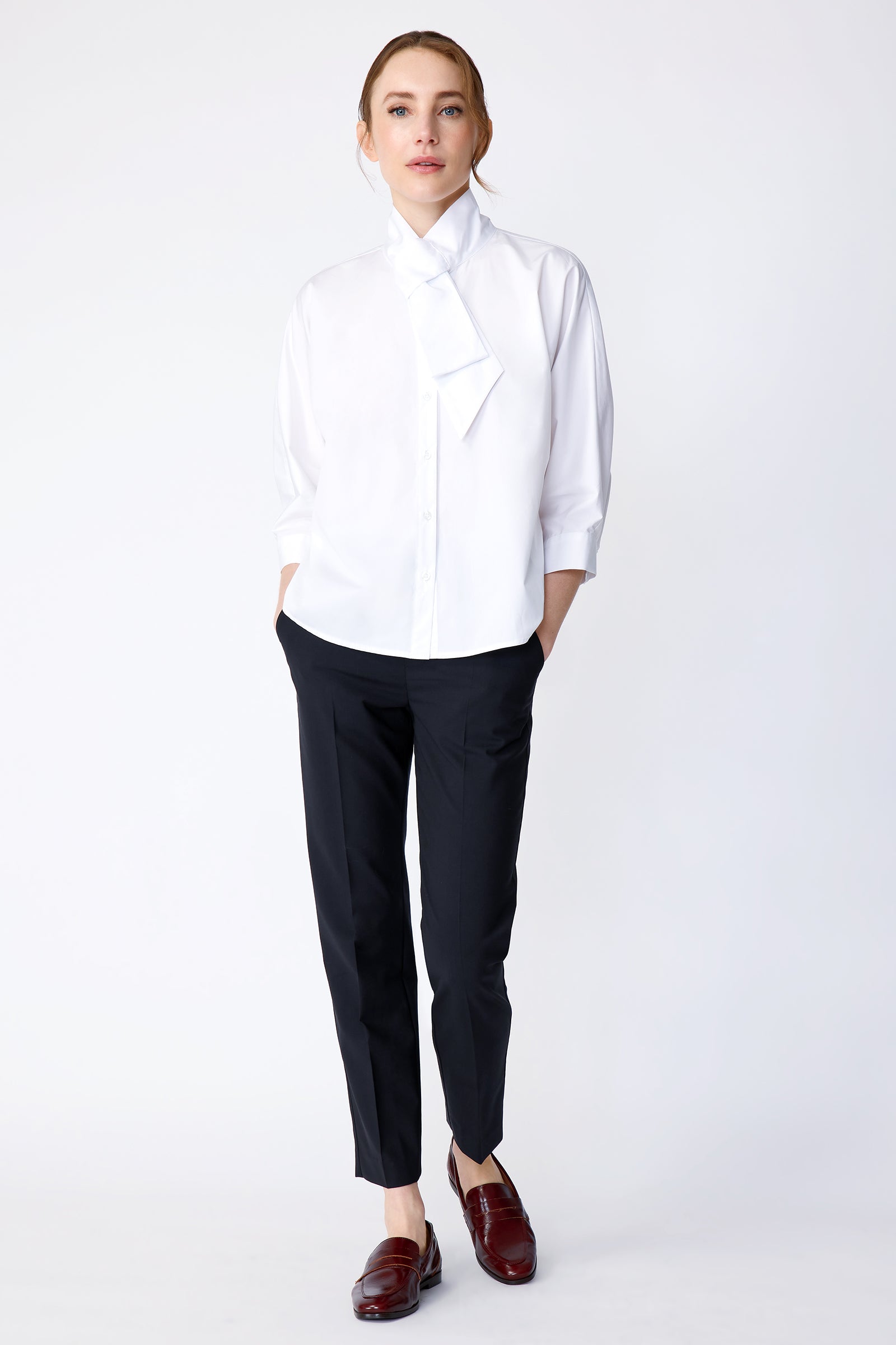 Kal Rieman Vanessa Bow Blouse in white poplin on model front view full walking