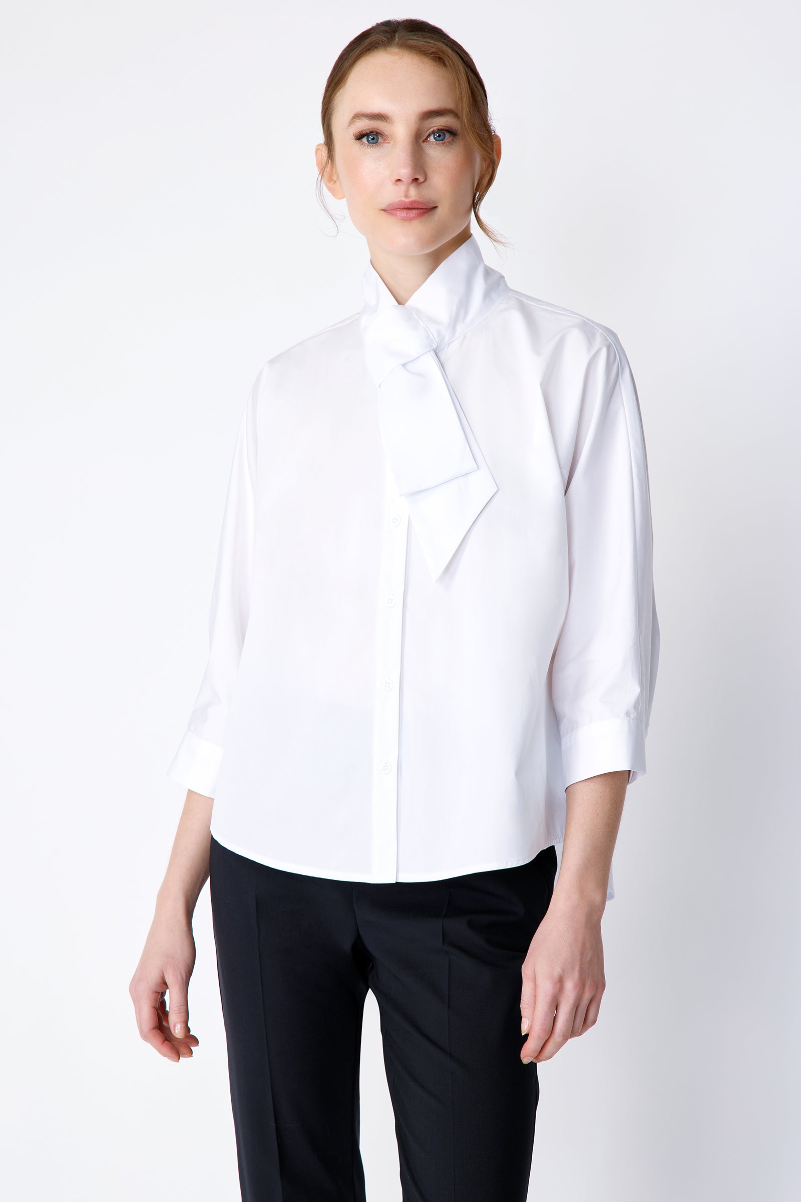 Kal Rieman Vanessa Bow Blouse in white poplin on model front view