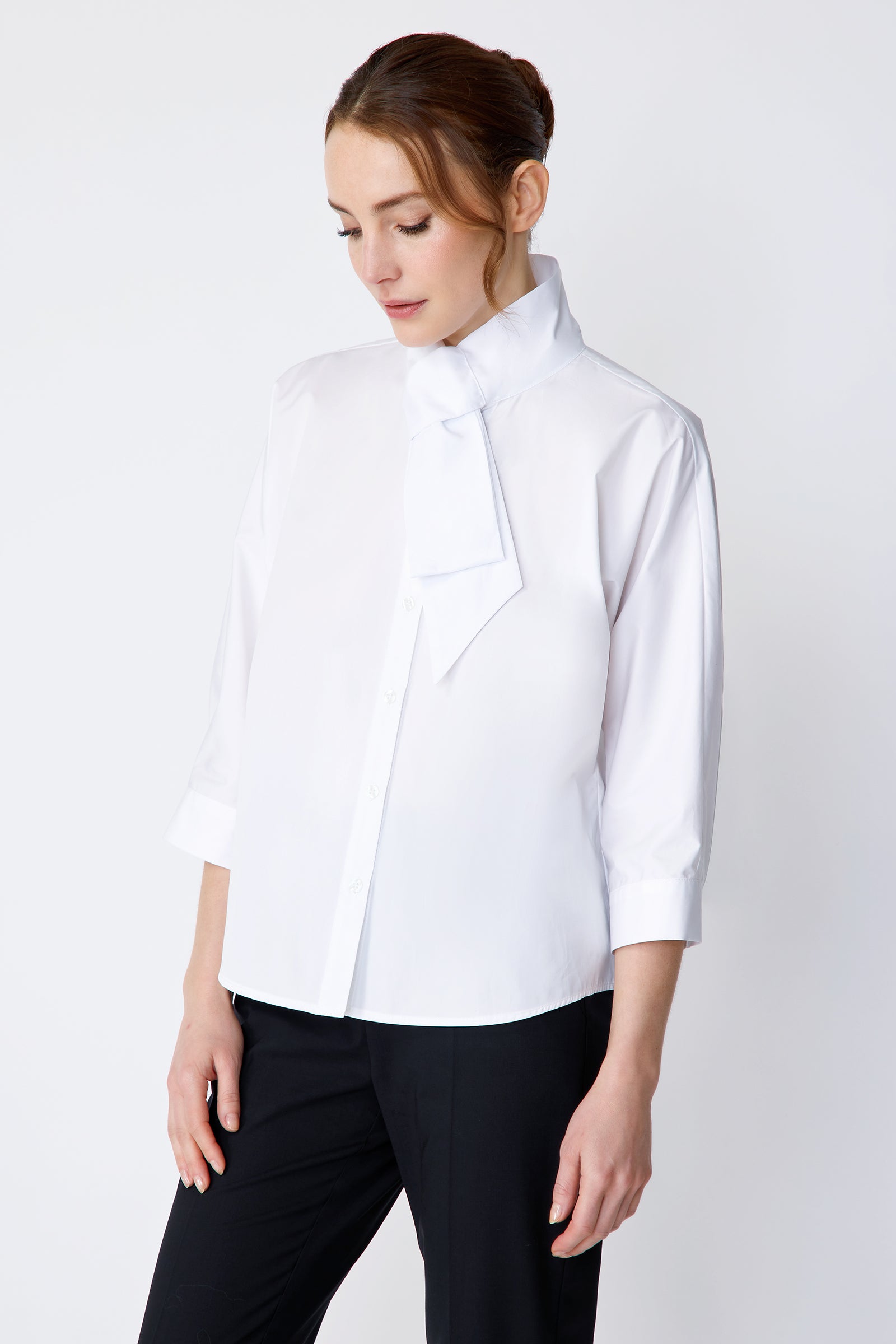 Kal Rieman Vanessa Bow Blouse in white poplin on model side view looking down