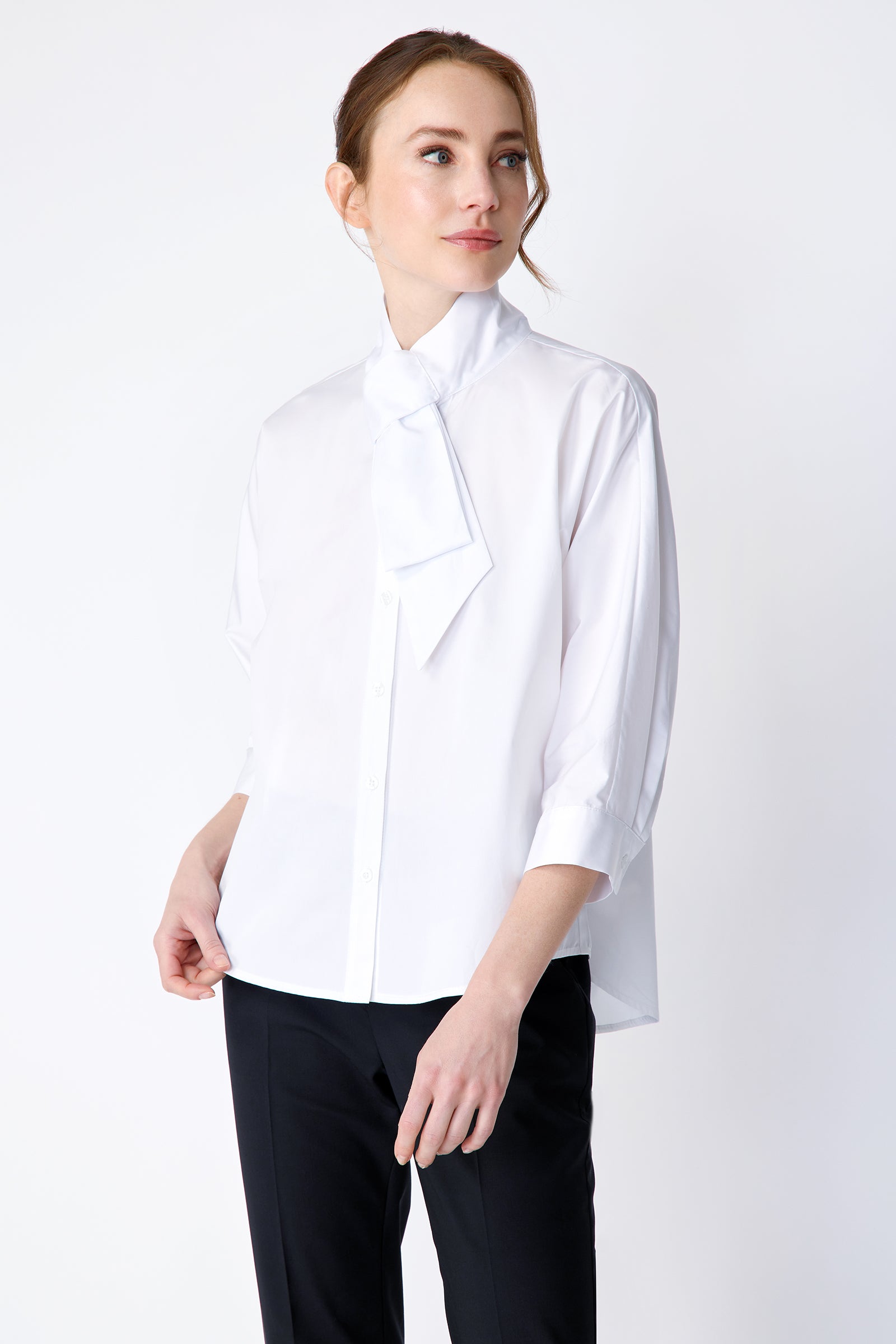 Kal Rieman Vanessa Bow Blouse in white poplin on model side view looking to the side