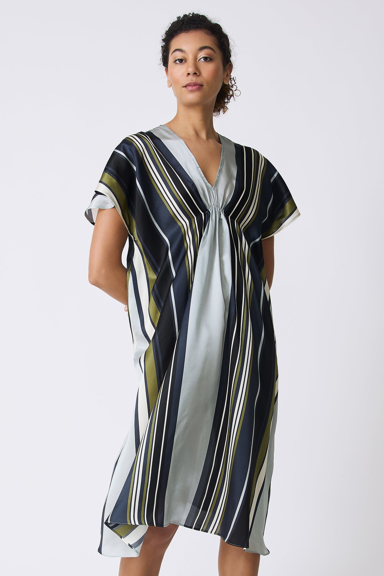 Kal Rieman Vanna Gather Front Dress in Multi Stripe on model front view
