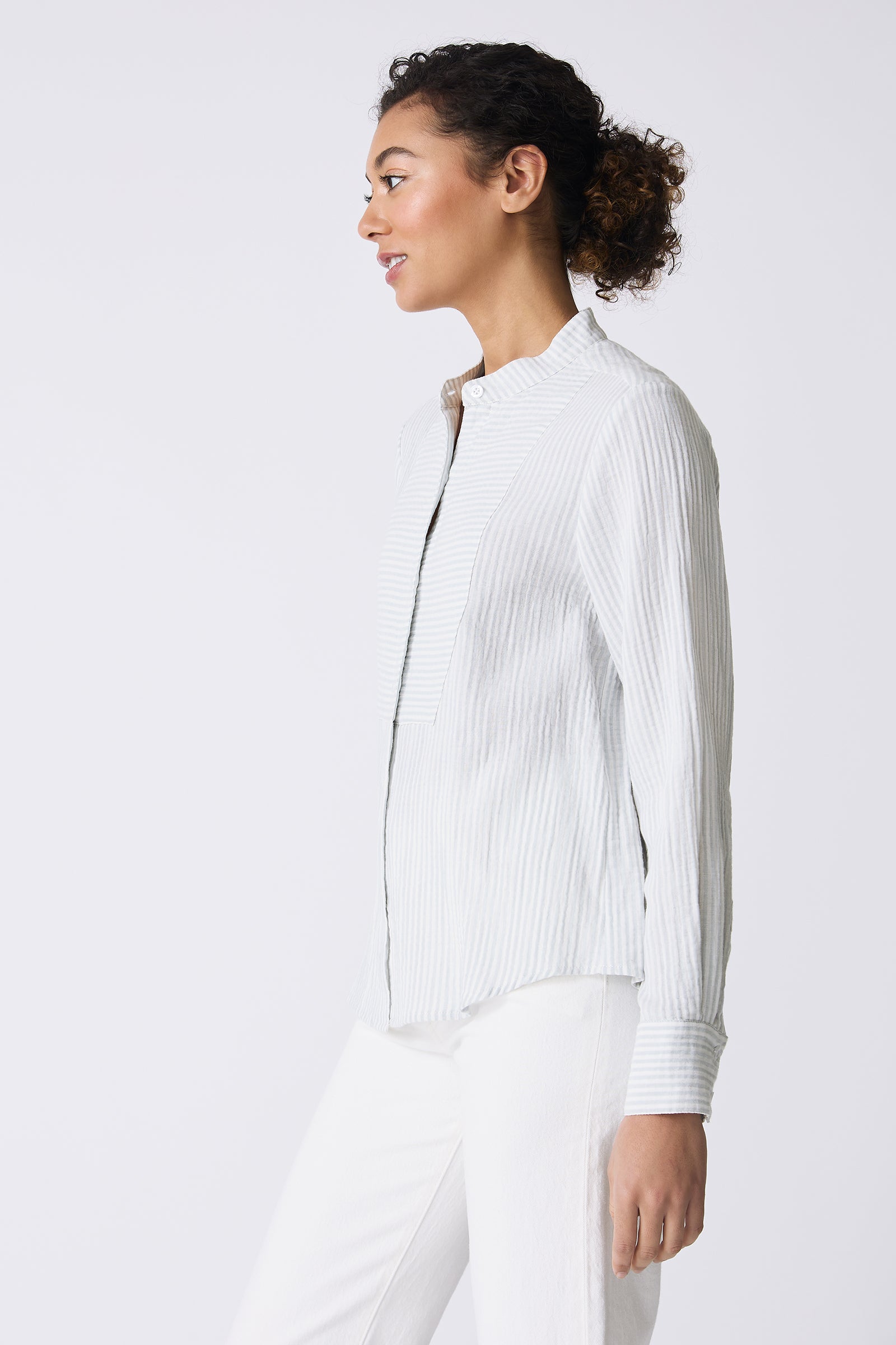 Kal Rieman Vera Tux Shirt in Blue Stripe on model smiling side view