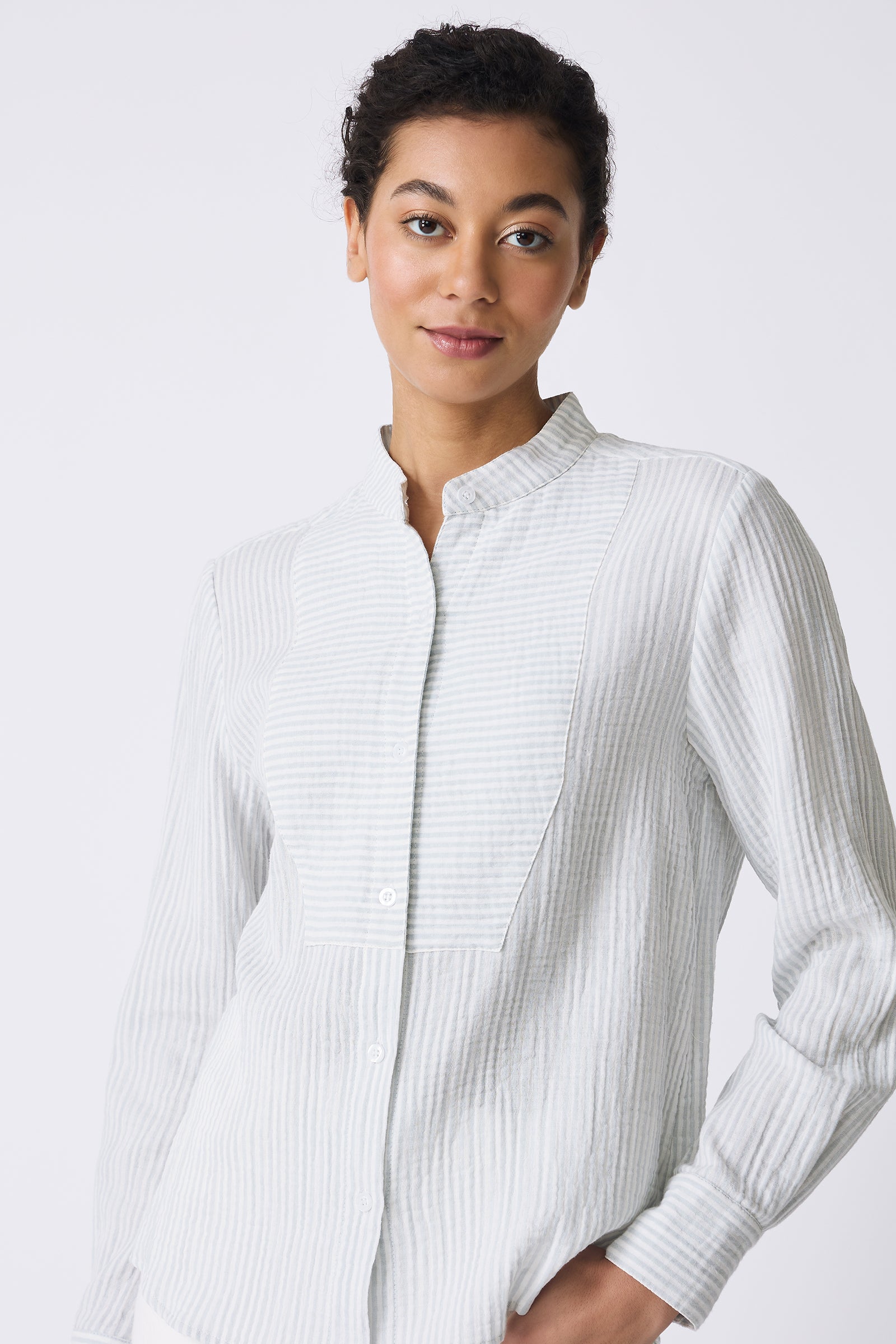 Kal Rieman Vera Tux Shirt in Blue Stripe on model front view