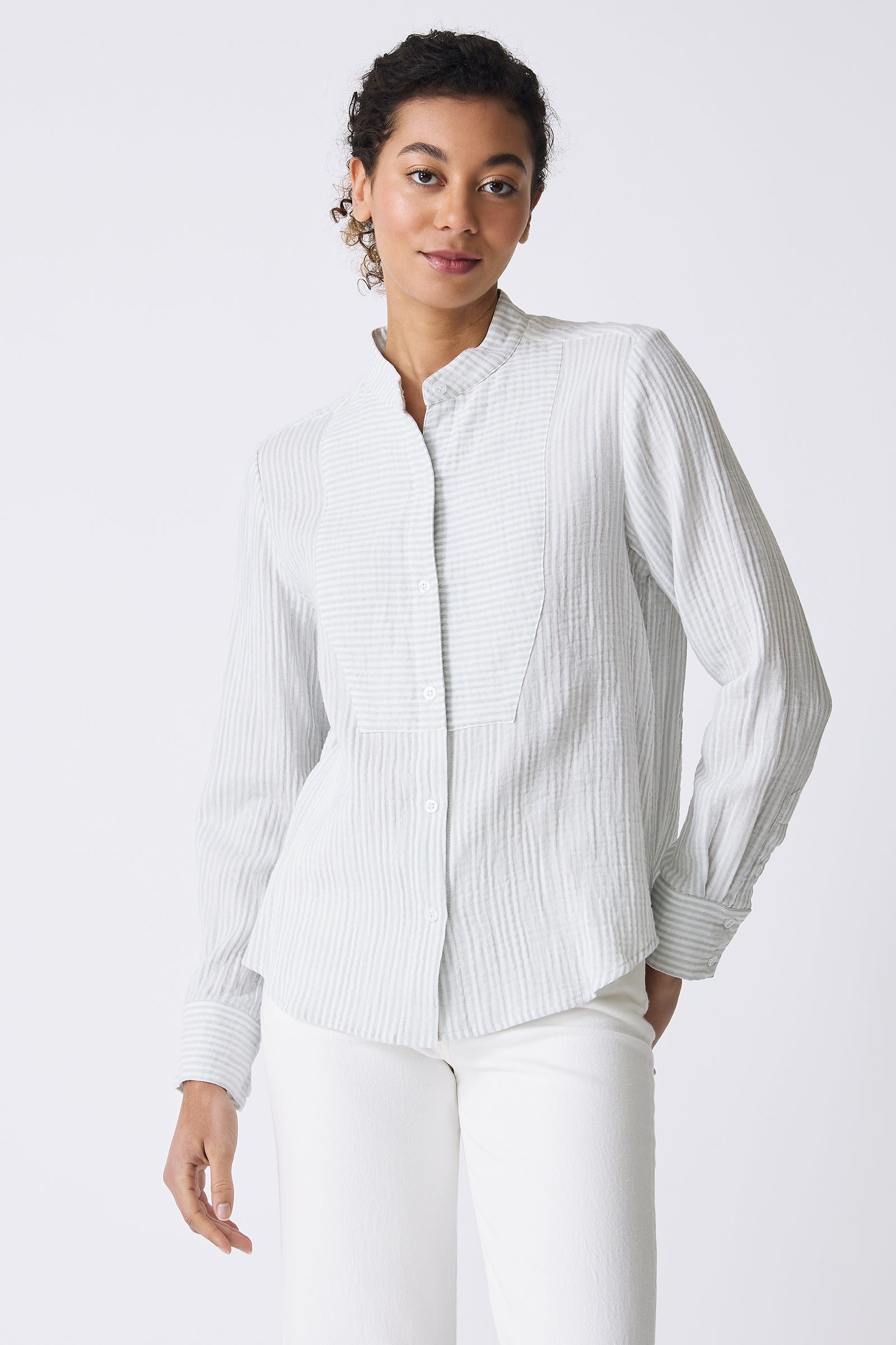 Kal Rieman Vera Tux Shirt in Blue Stripe on model with hand behind back front view