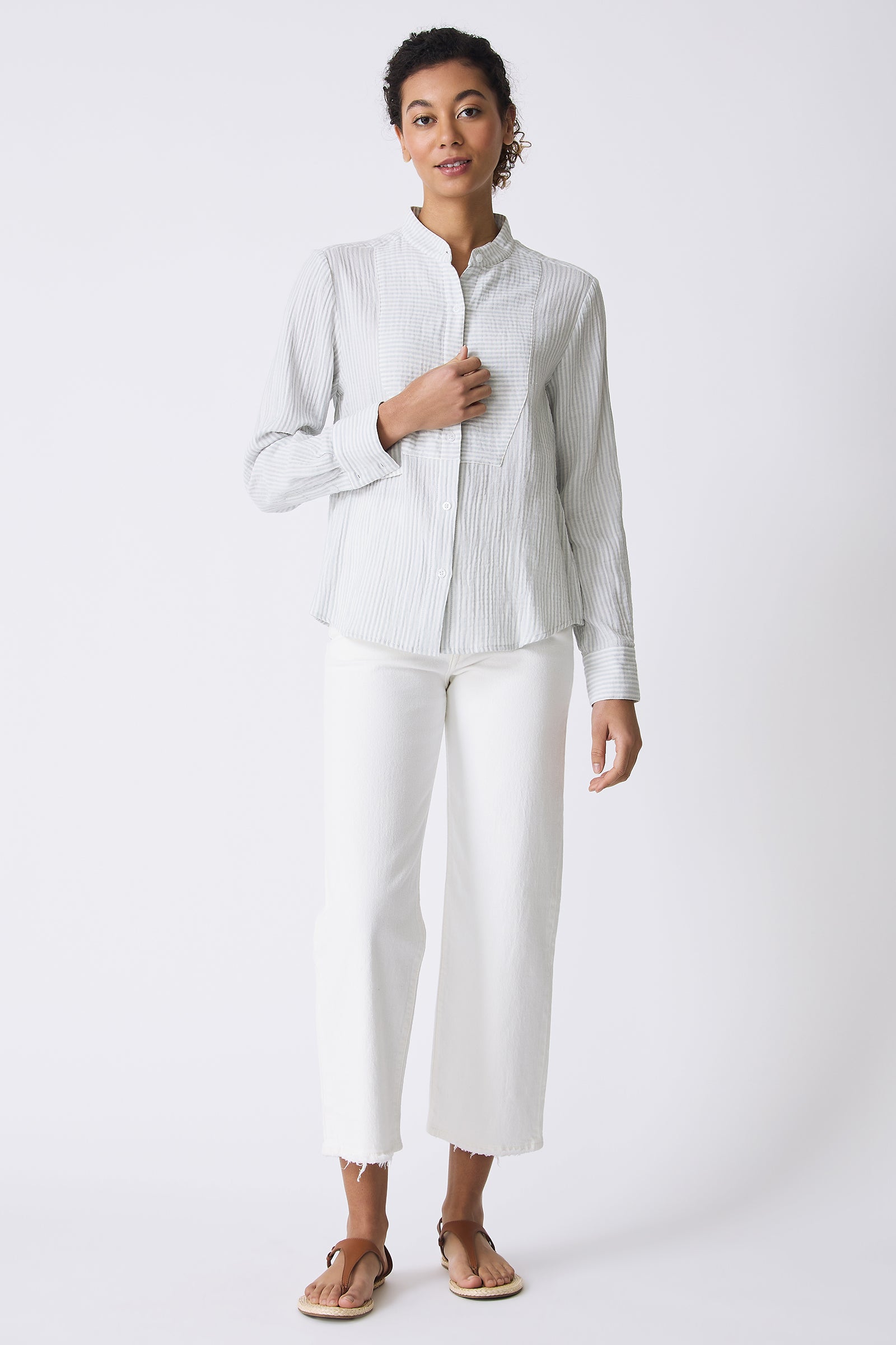 Kal Rieman Vera Tux Shirt in Blue Stripe on model full front view