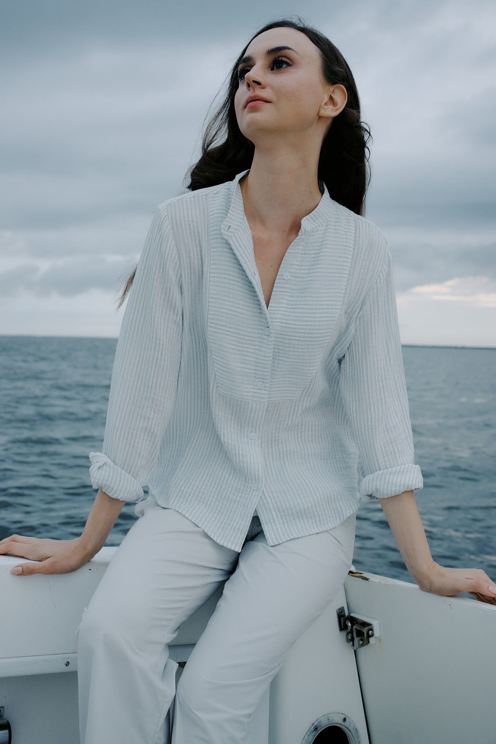 Kal Rieman Vera Tux Shirt in Blue Stripe on model lookbook image
