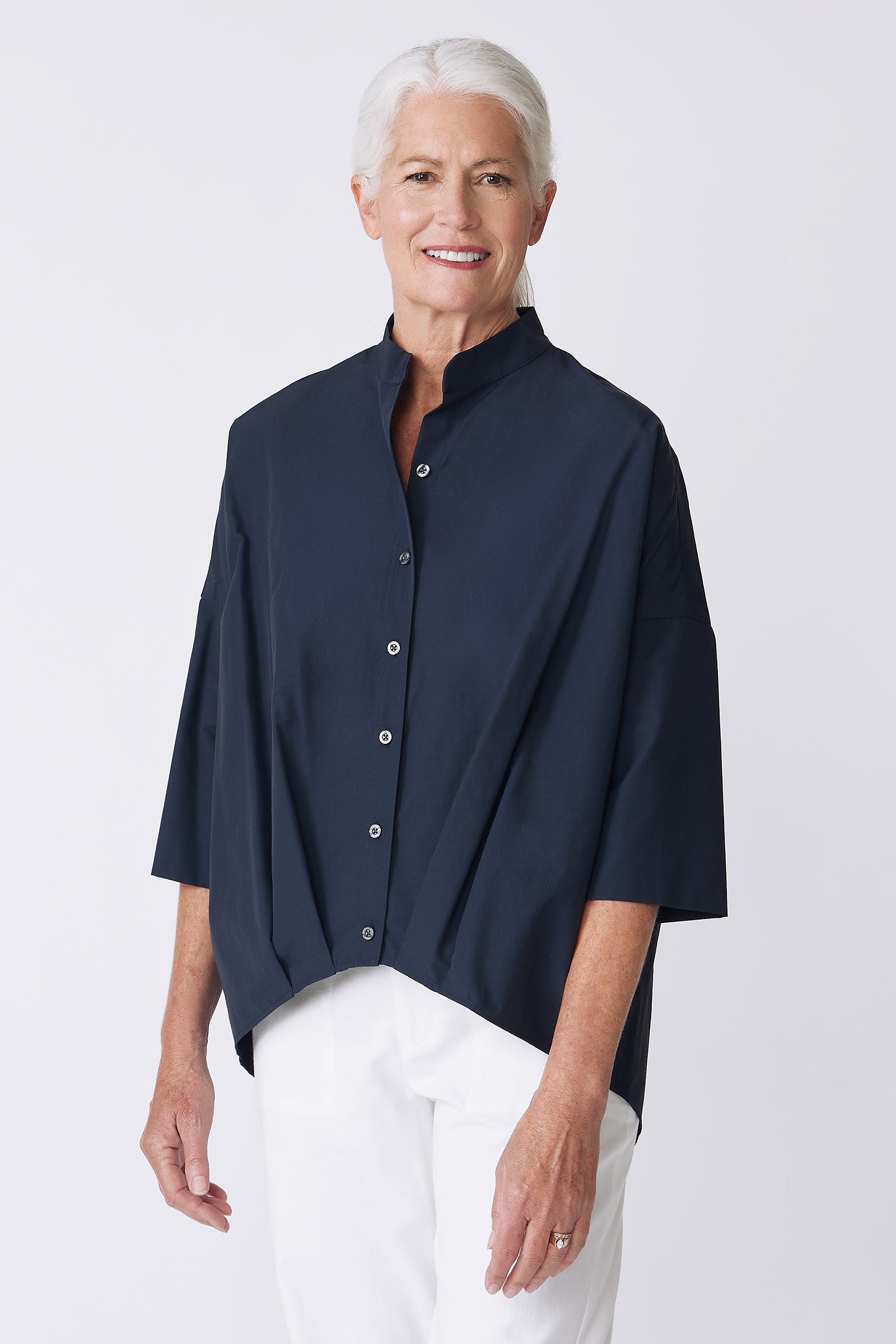 Kal Rieman Pleat Hem Kimono in Navy Broadcloth on Model Front View detail