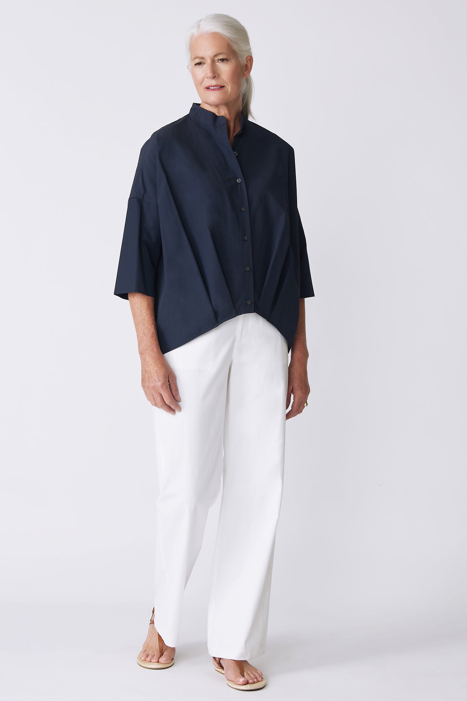 Kal Rieman Pleat Hem Kimono in Navy Broadcloth on Model Front View looking to the side