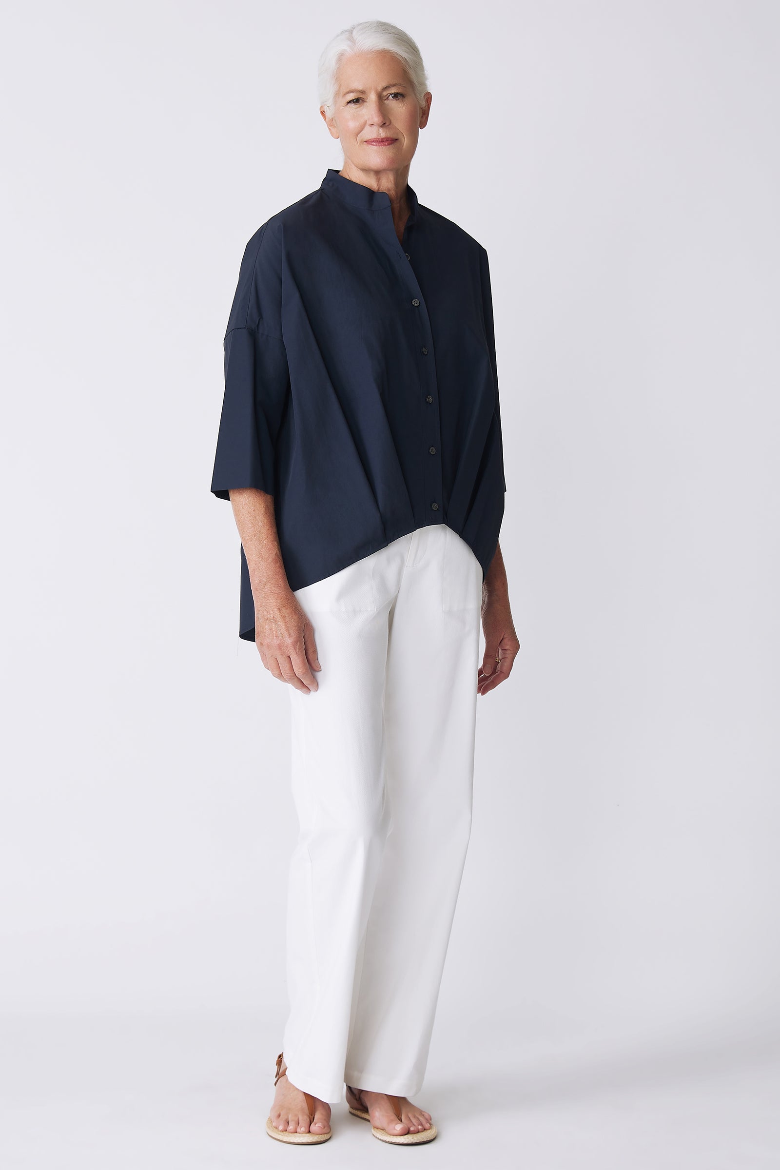 Kal Rieman Pleat Hem Kimono in Navy Broadcloth on Model Front View full length