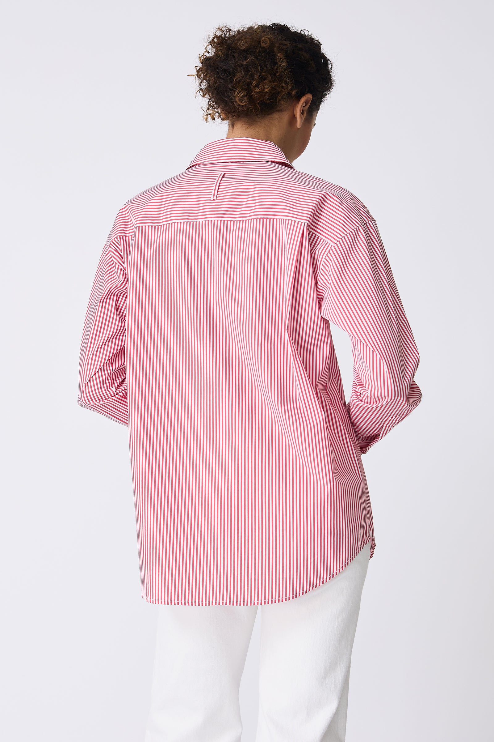 Kal Rieman Joni Boyfriend Shirt in Miami Stripe Red on model back view