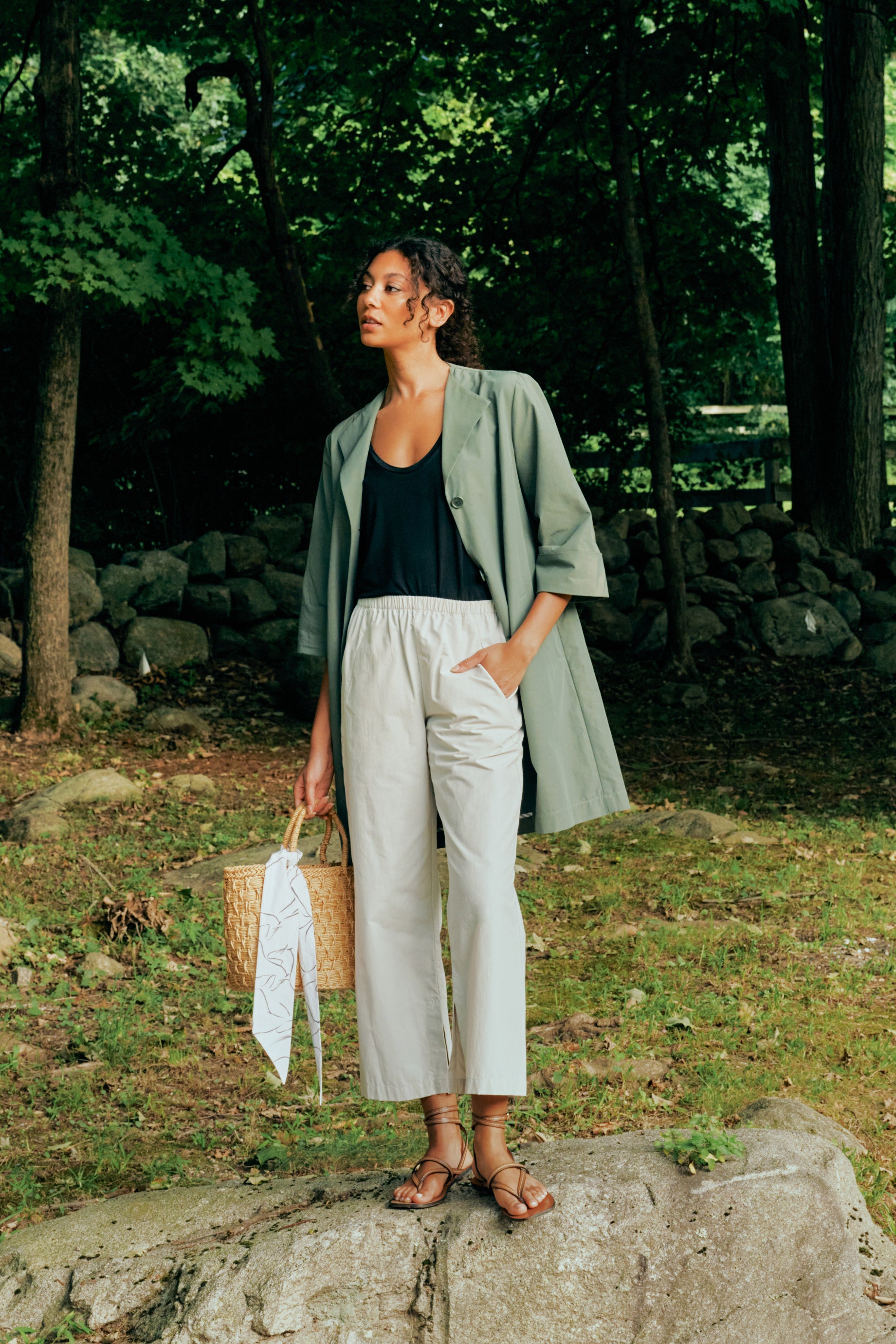 Kal Rieman Else Peacoat in Italian Broadcloth cactus on model front view full length holding front of jacket