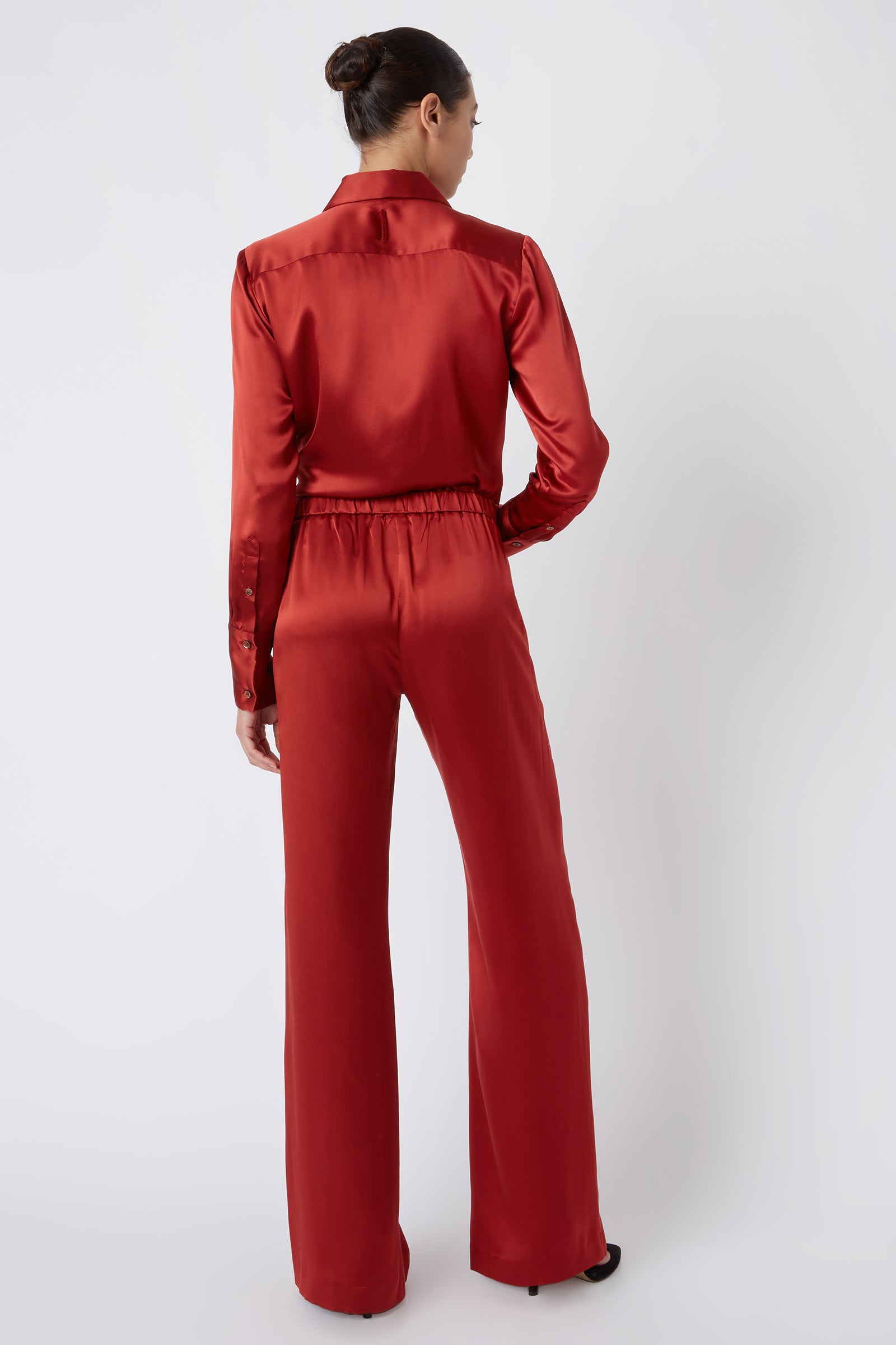 Kal Rieman Classic Silk Trouser in Rust Colored Silk on Model Main Front View