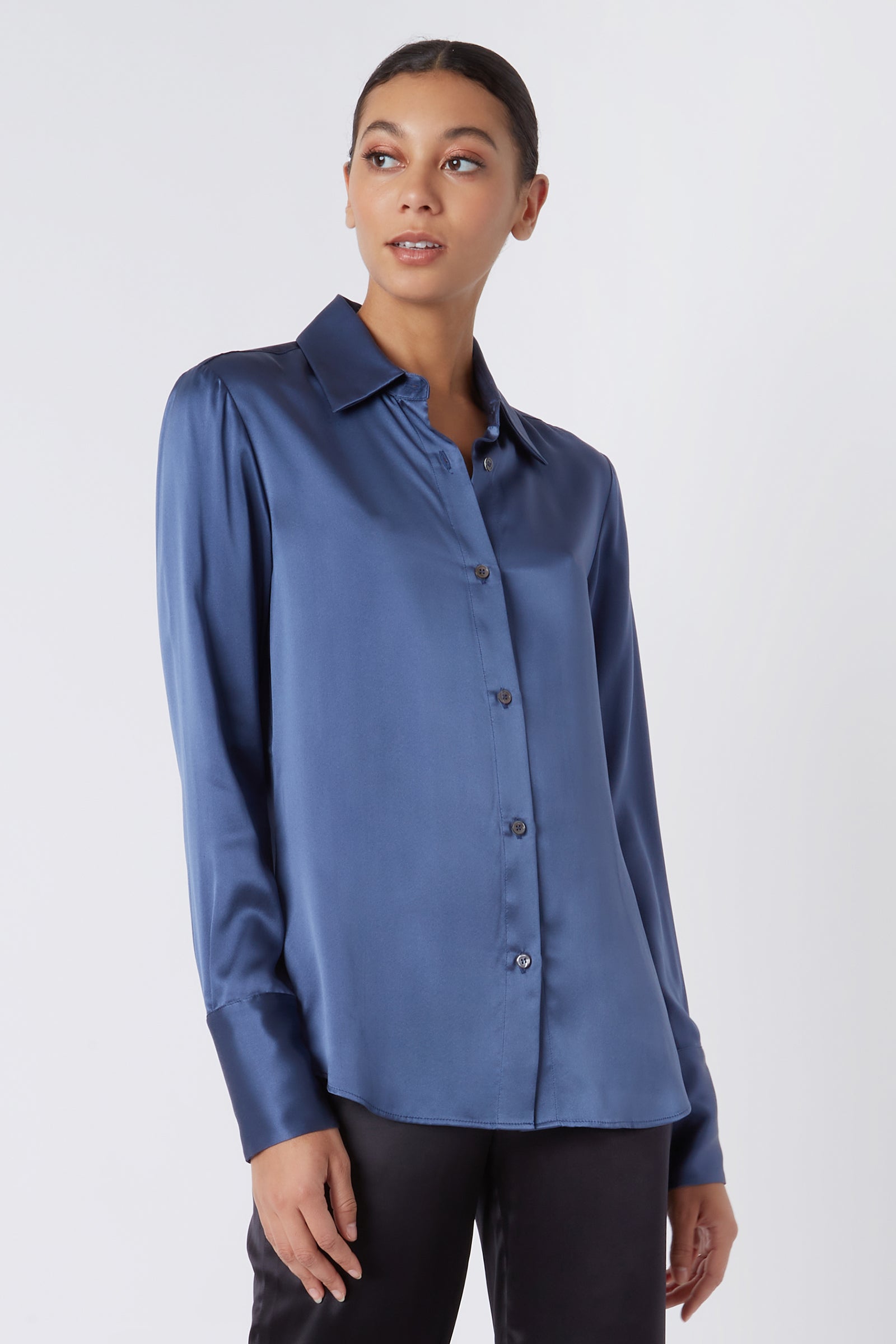 Kal Rieman Classic Tailored Blouse in Dusty Blue Silk on Model Looking Right Cropped Front View