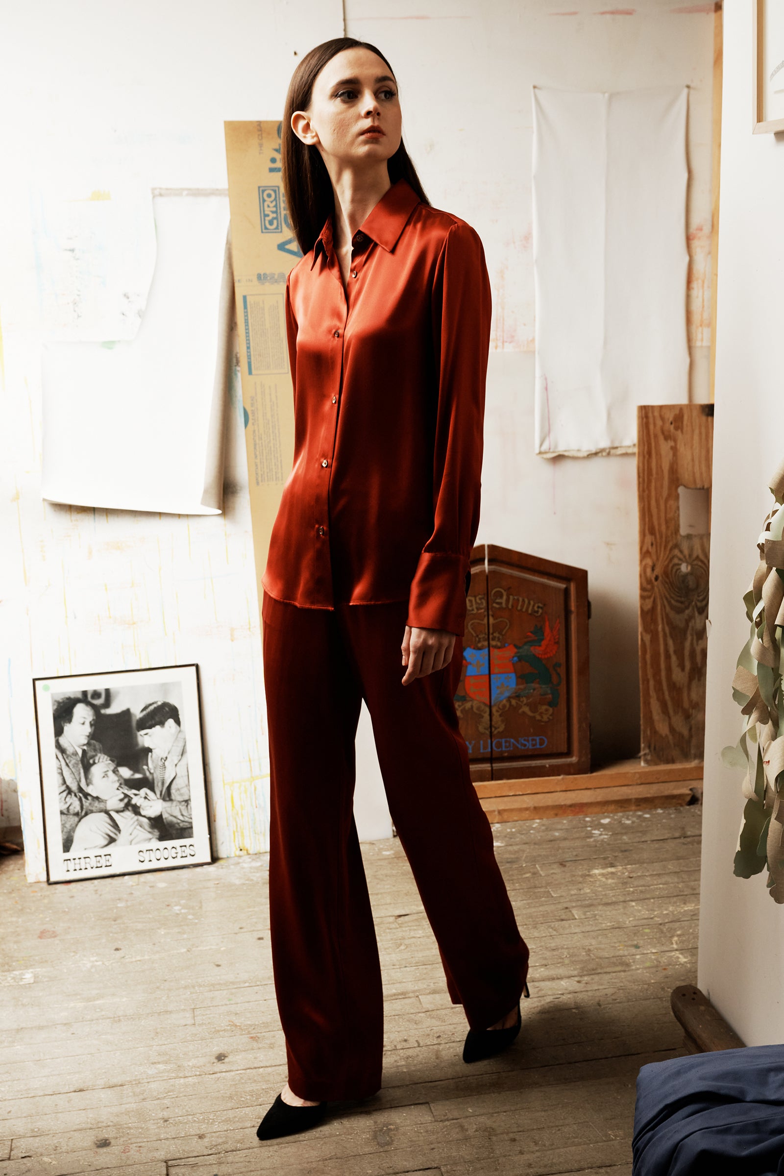 Kal Rieman Classic Silk Trouser in Rust Colored Silk on Model Main Front View