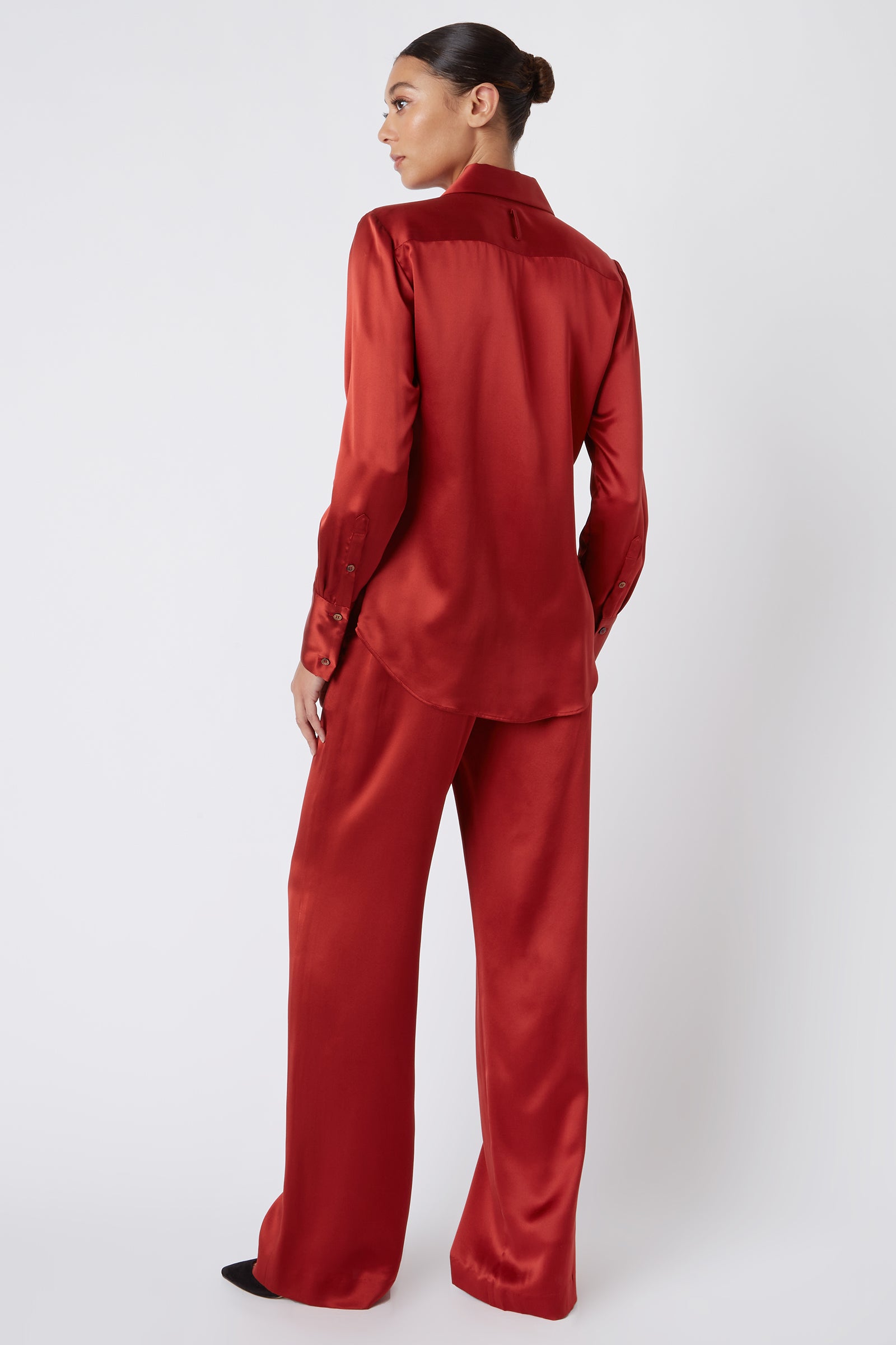 Kal Rieman Classic Tailored Blouse in Rust Silk on Model Cropped Side View