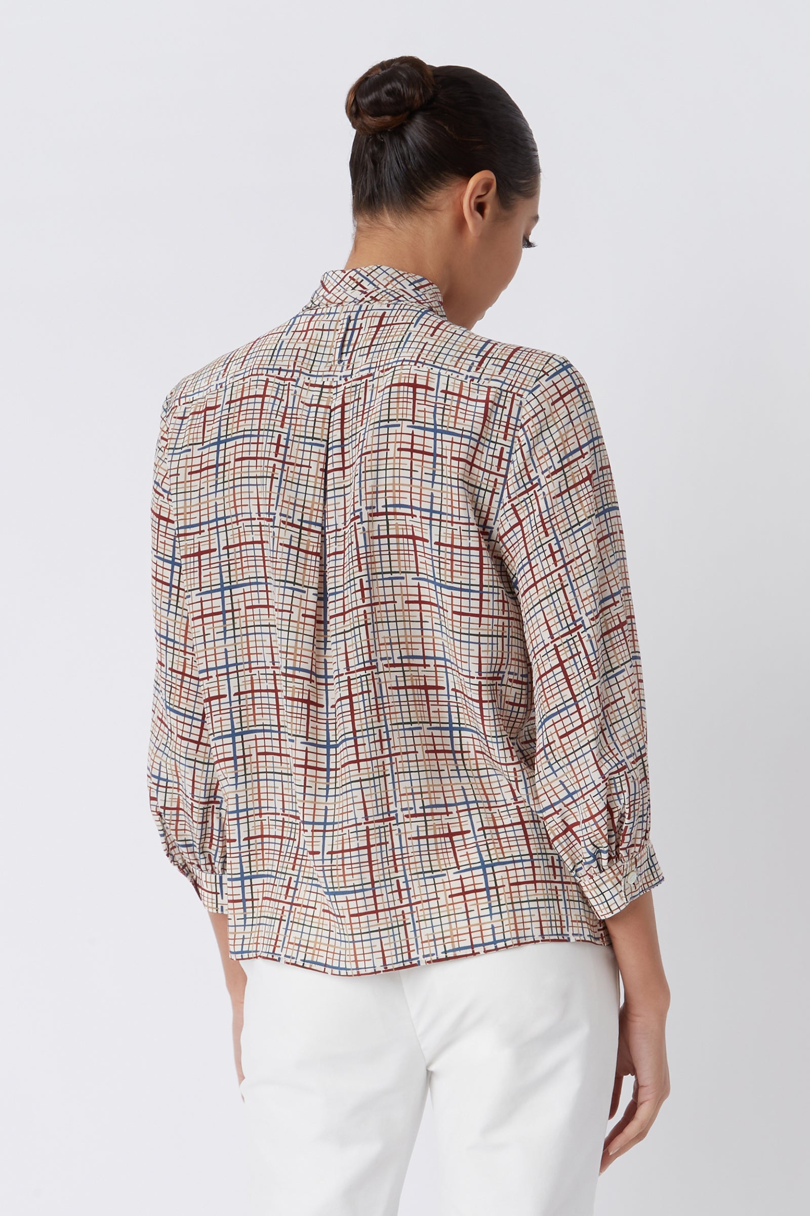 Kal Rieman Edith Scarf Blouse in Sketch Plaid on Model Cropped Front View