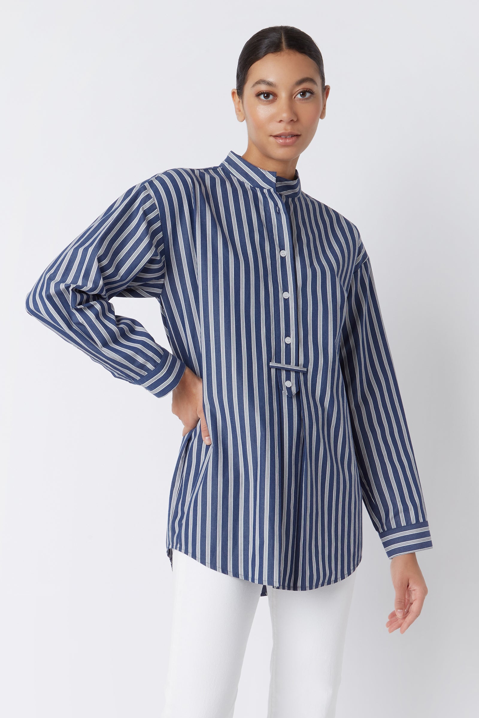 Kal Rieman Georgia Drop Shoulder Tunic in Navy with White Stripe on Model with Hand on Hip Croped Front View