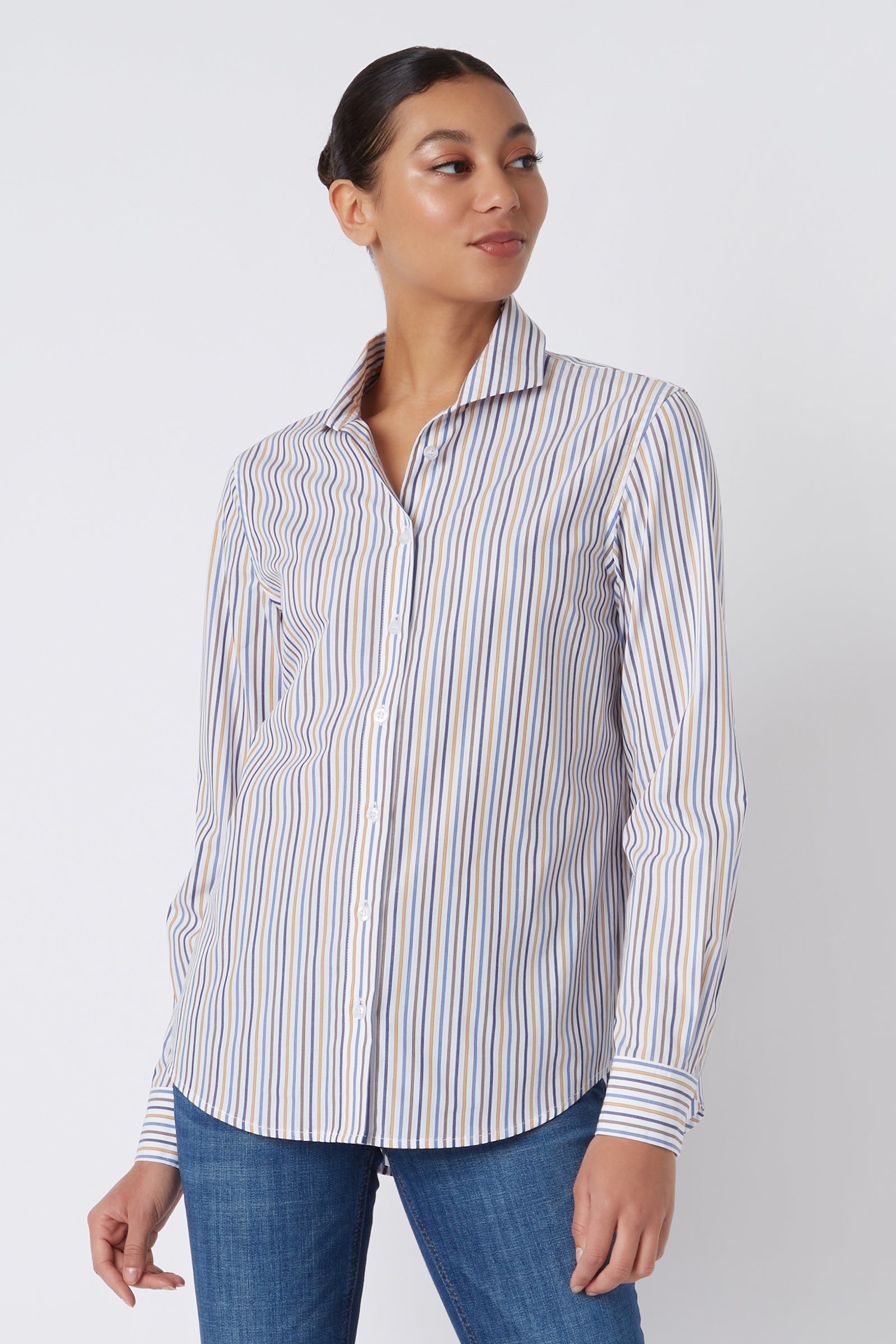 Kal Rieman Ginna Box Pleat Shirt in Multi Stripe Gold on Model Looking Left Cropped Front View
