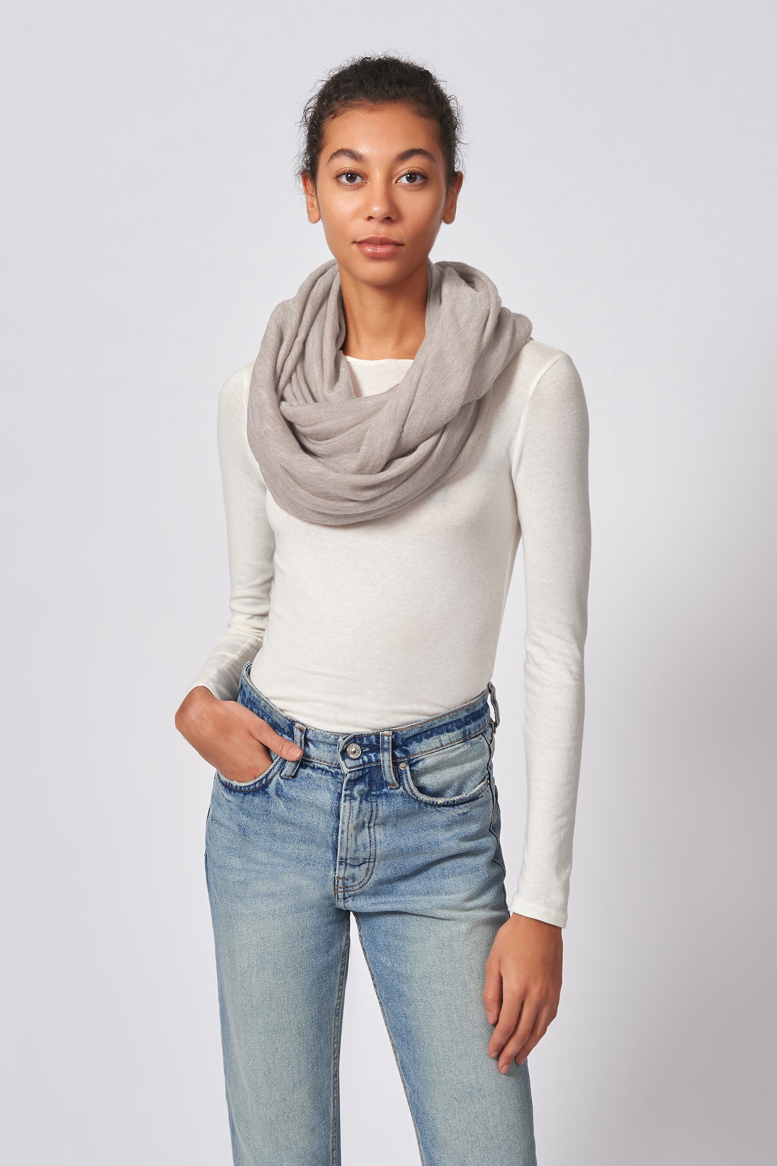 Kal Rieman circle scarf in light beige on model front view