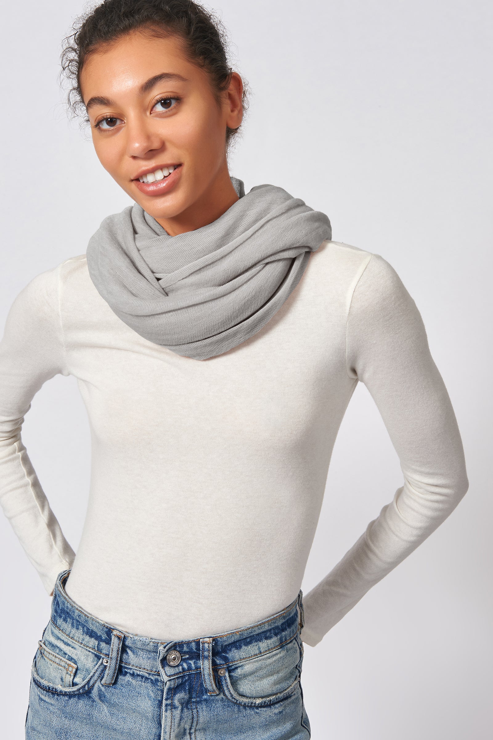 Kal Rieman circle scarf in heather grey on model front view