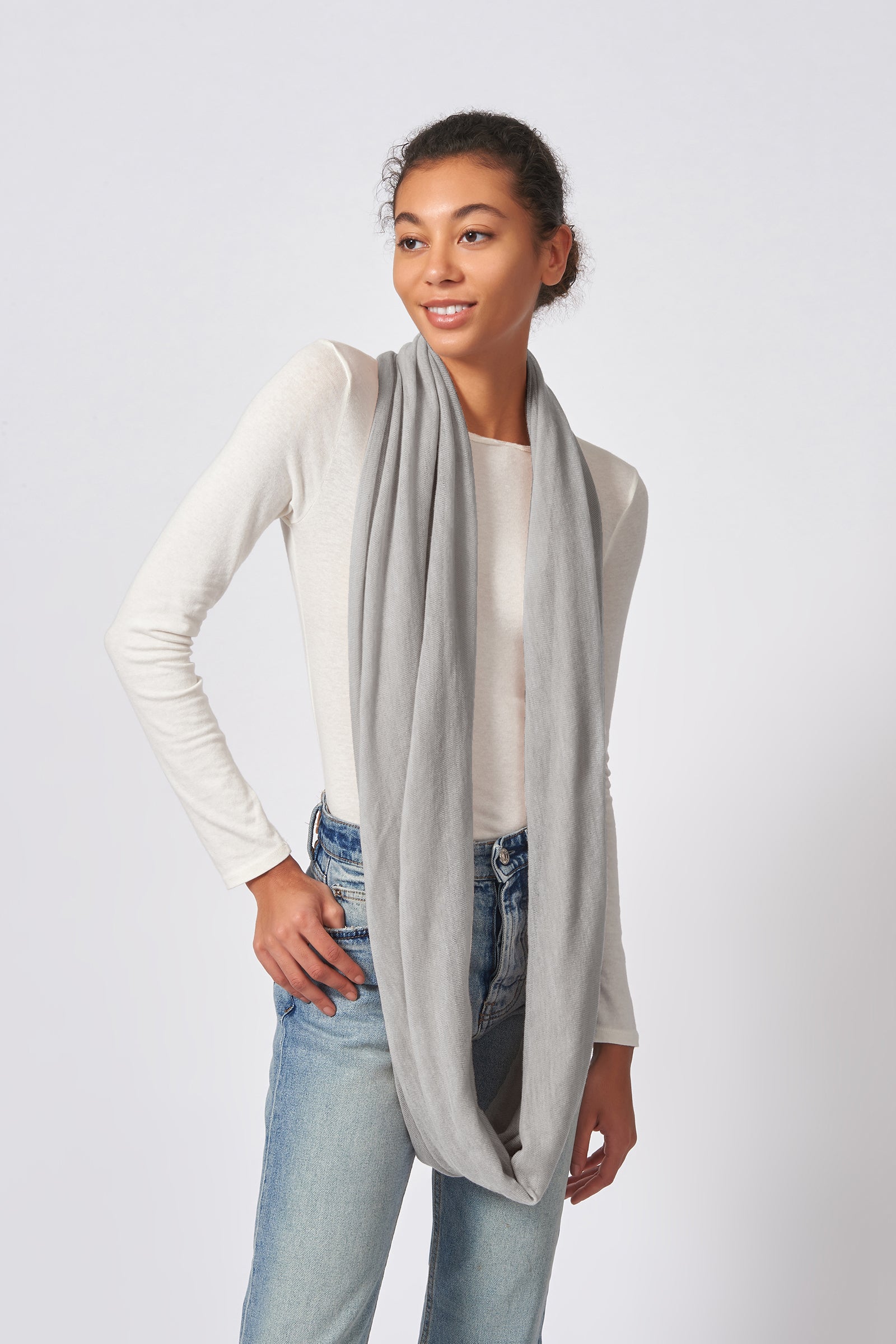 Kal Rieman circle scarf in heather grey on model front view
