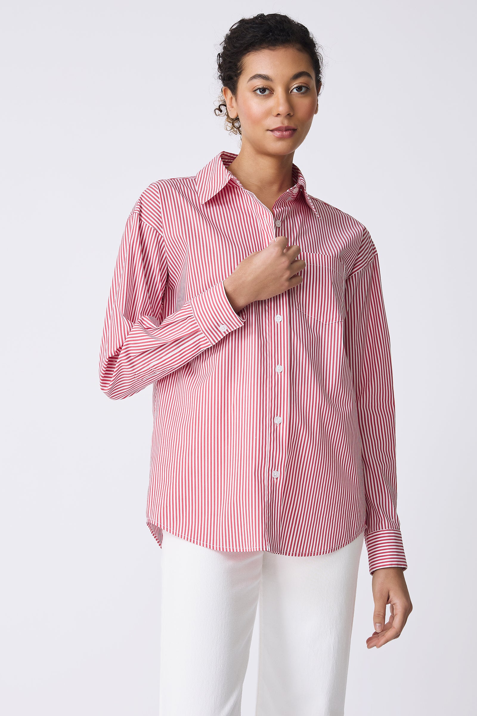 Kal Rieman Joni Boyfriend Shirt in Miami Stripe Red on model front view