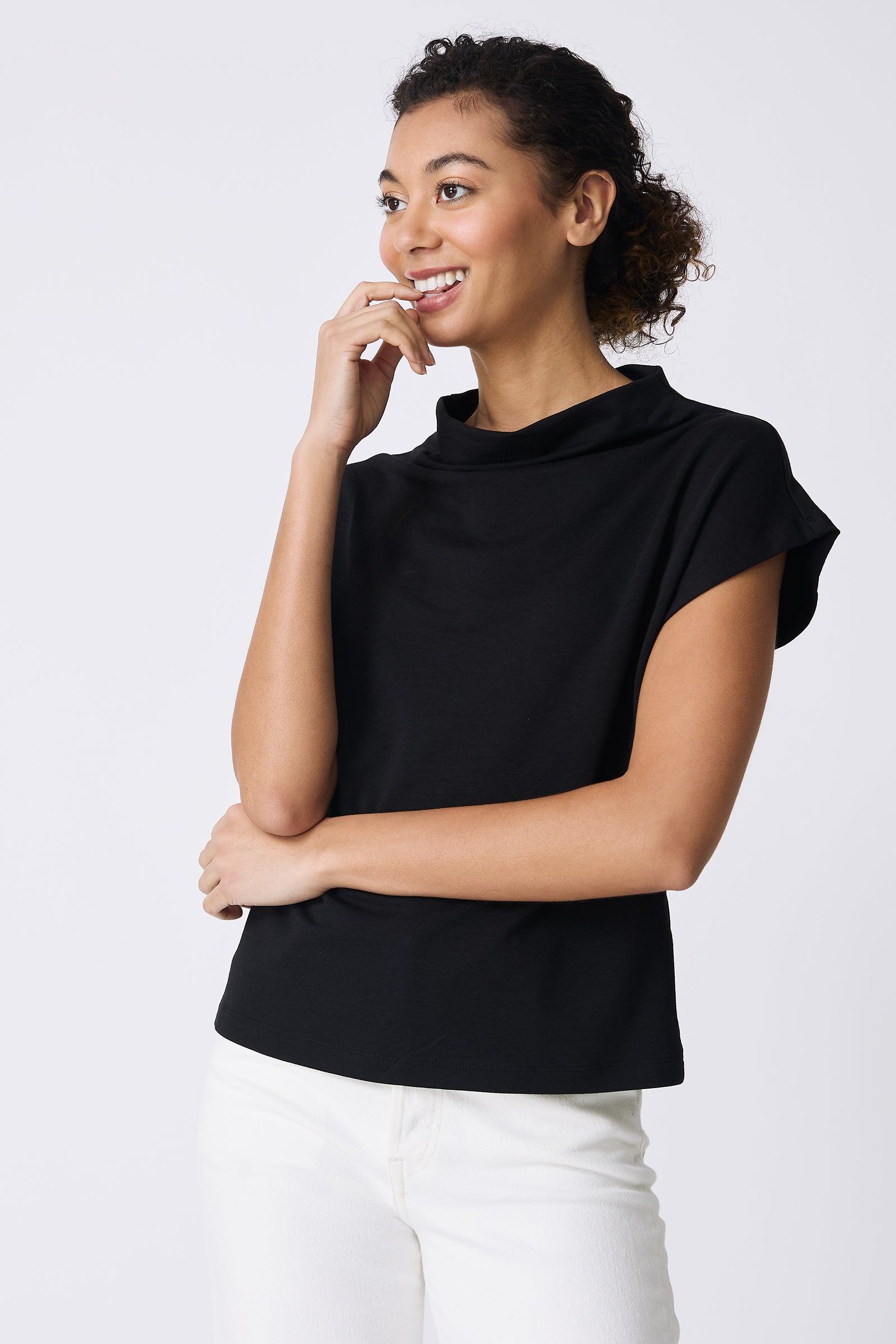 Kal Rieman Luca Cowl Top in Black on model side view
