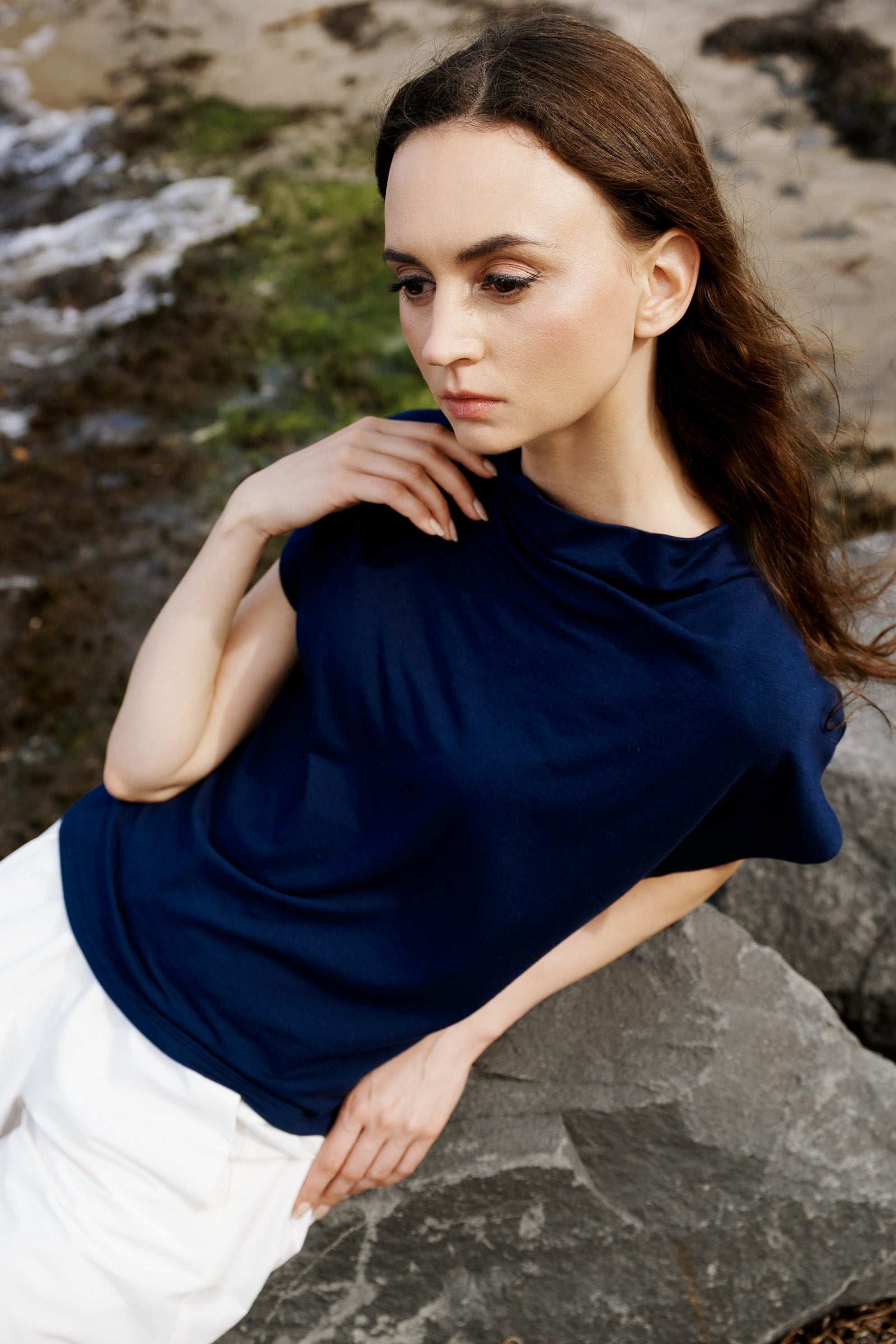 Kal Rieman Luca Cowl Top in Navy on model lookbook image