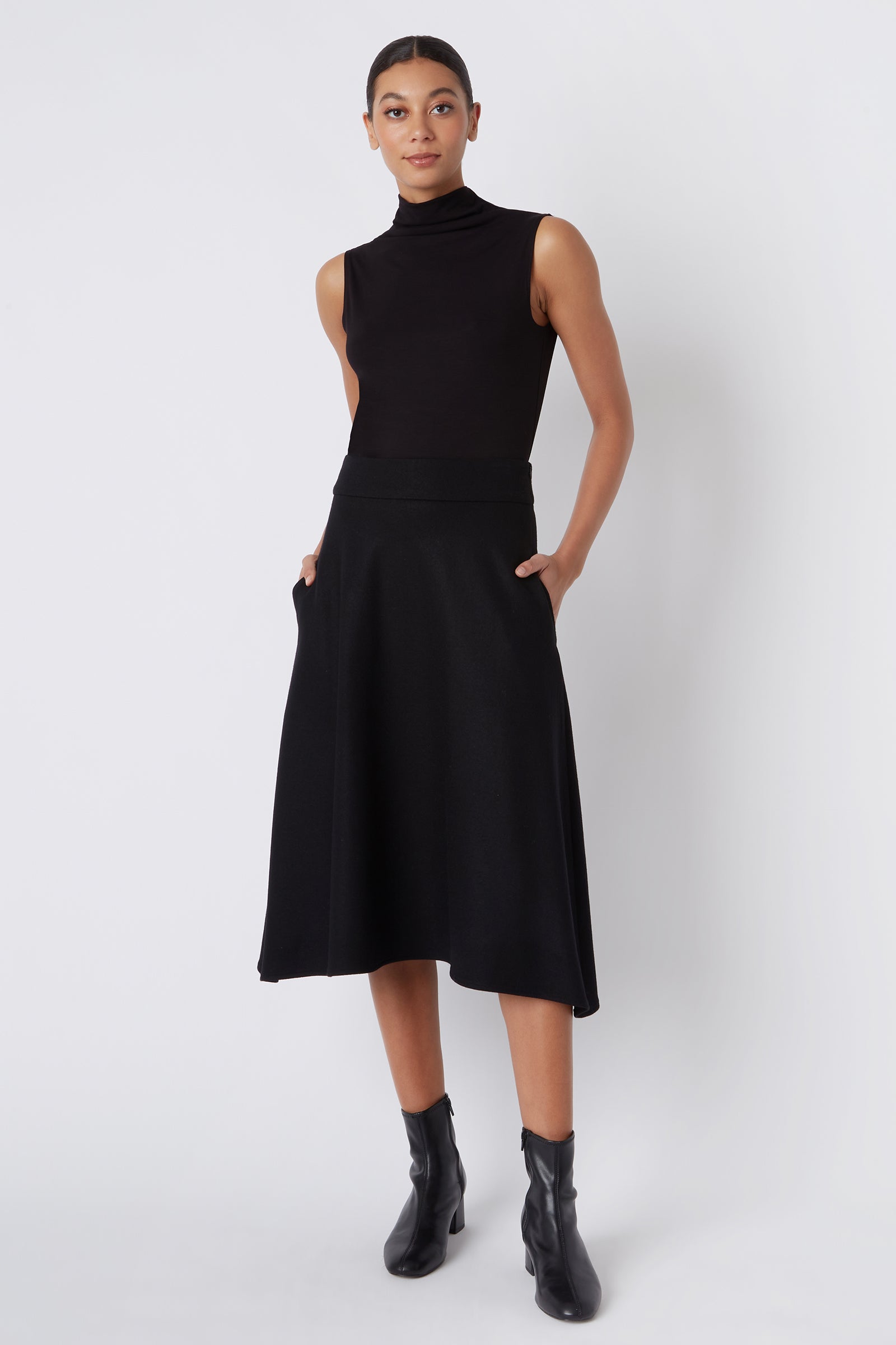 Kal Rieman Martina Kick Skirt in Black Felted Jersey on Model Main Full Front View