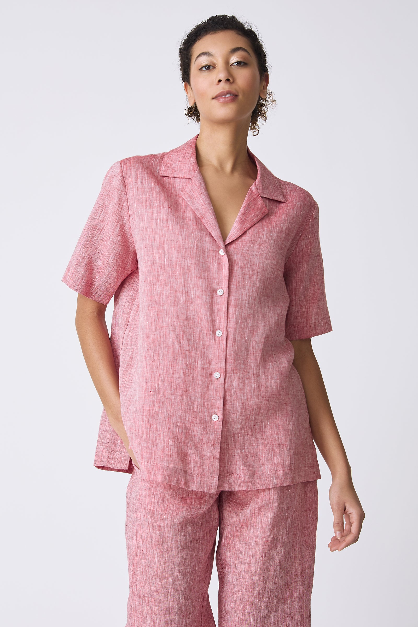 Kal Rieman Vacation Shirt in Red on model with chin up front view