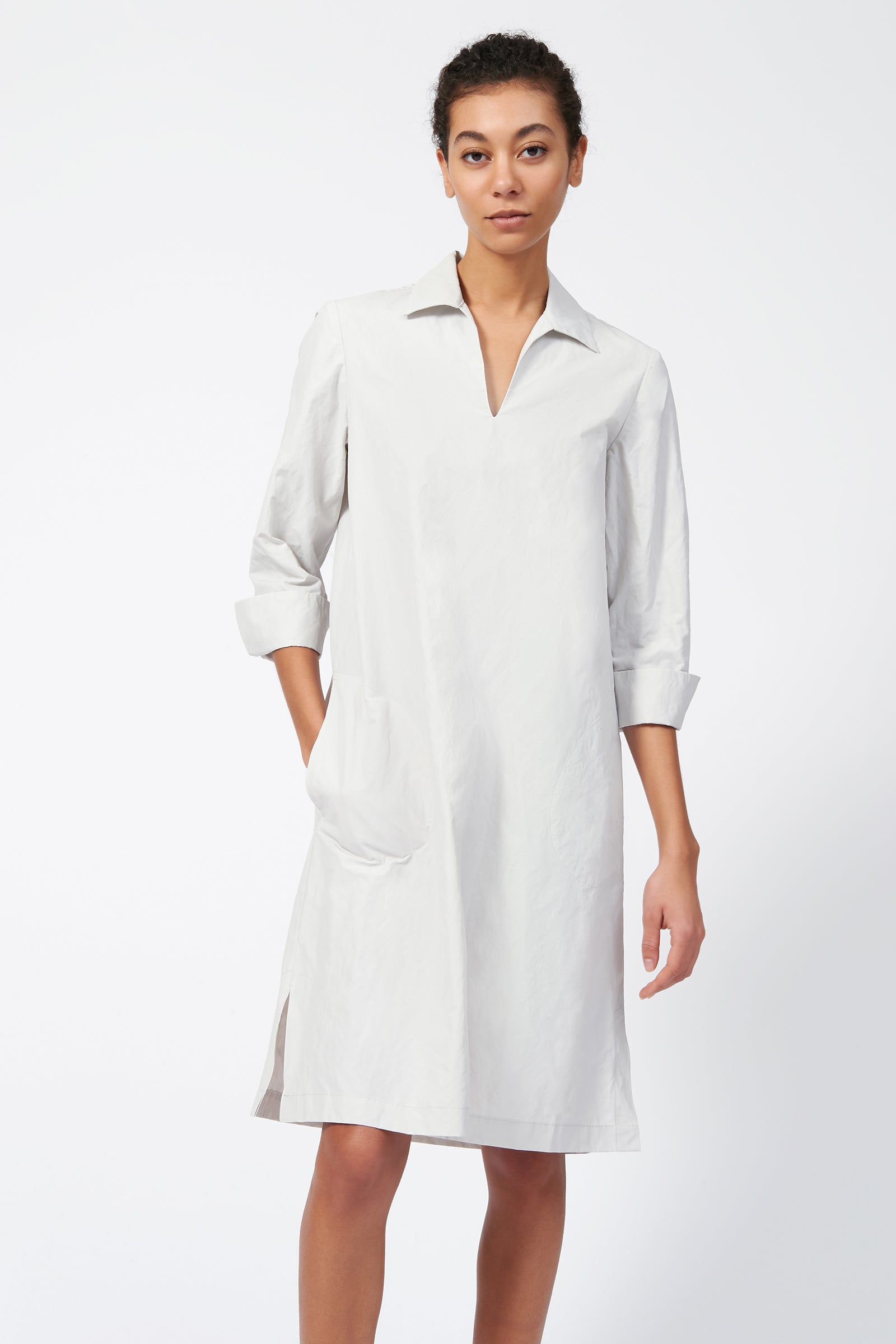 Kal Rieman Cecil Collared V-Neck Dress in Stone on model with hand in pocket front view