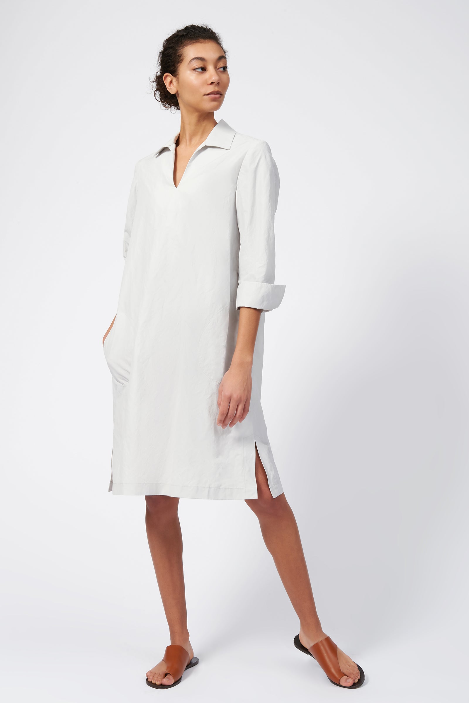 Kal Rieman Cecil Collared V-Neck Dress in Stone on model looking left full front view